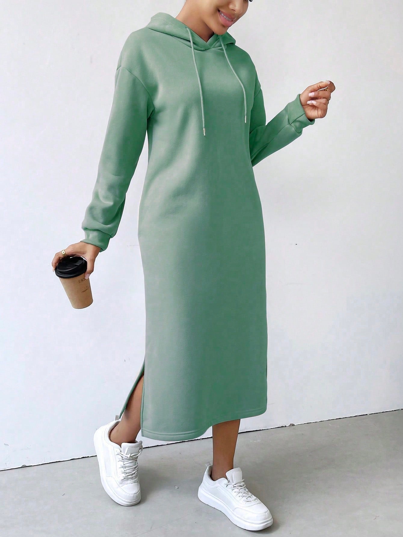 Lune vestido con capucha de manga larga, bolsillo y unicolor minimalista para mujer