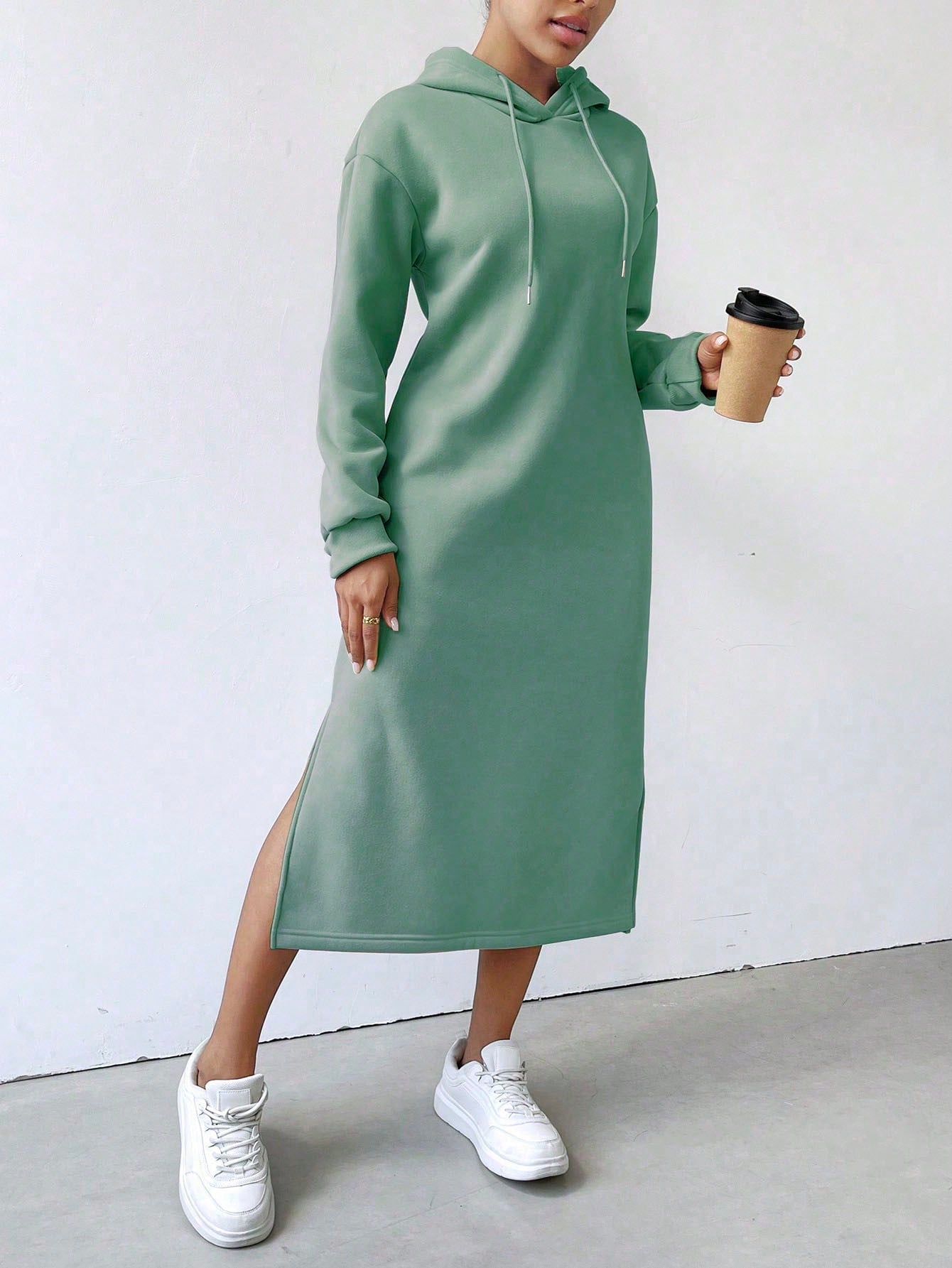 Lune vestido con capucha de manga larga, bolsillo y unicolor minimalista para mujer