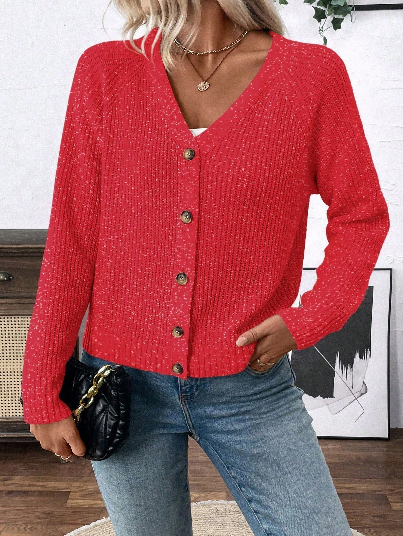 Lune chaqueta de punto de manga larga casual con cuello en v y manga raglan para mujer, con diseno minimalista y ajuste holgado para otono/invierno