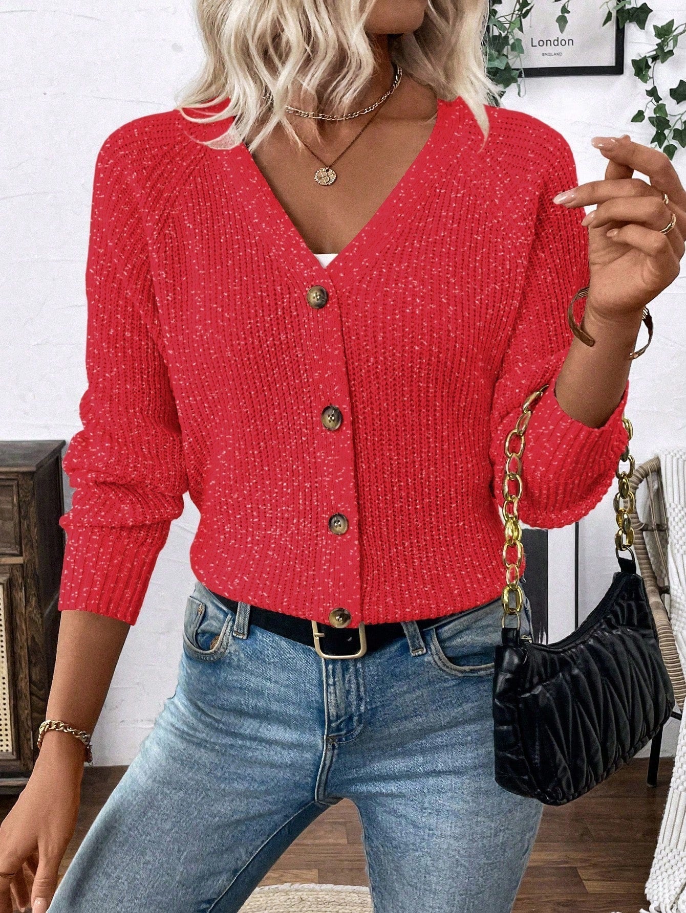Lune chaqueta de punto de manga larga casual con cuello en v y manga raglan para mujer, con diseno minimalista y ajuste holgado para otono/invierno