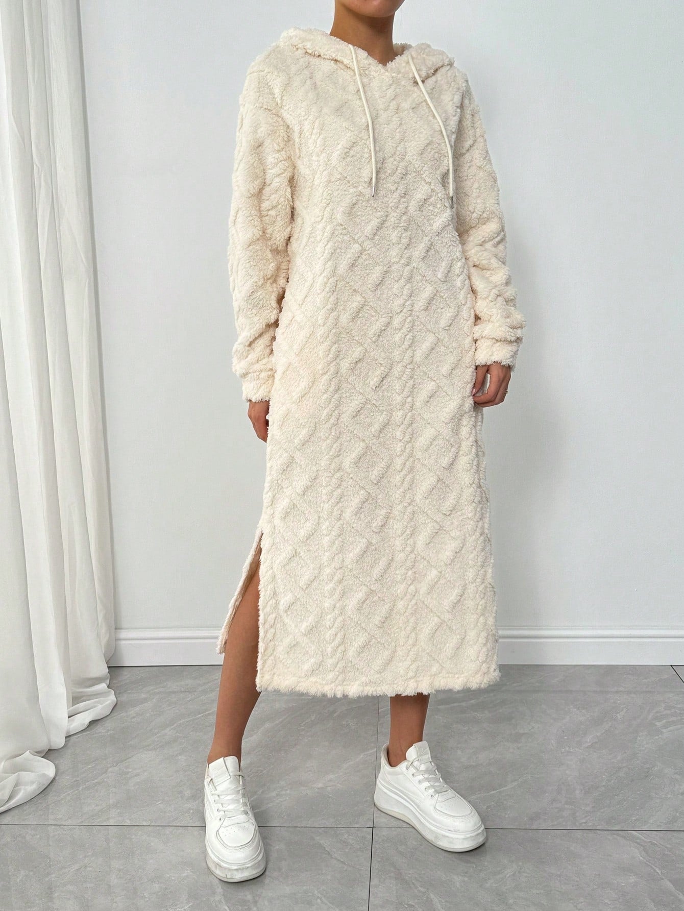 Lune vestido con capucha de manga larga, bolsillo y unicolor minimalista para mujer