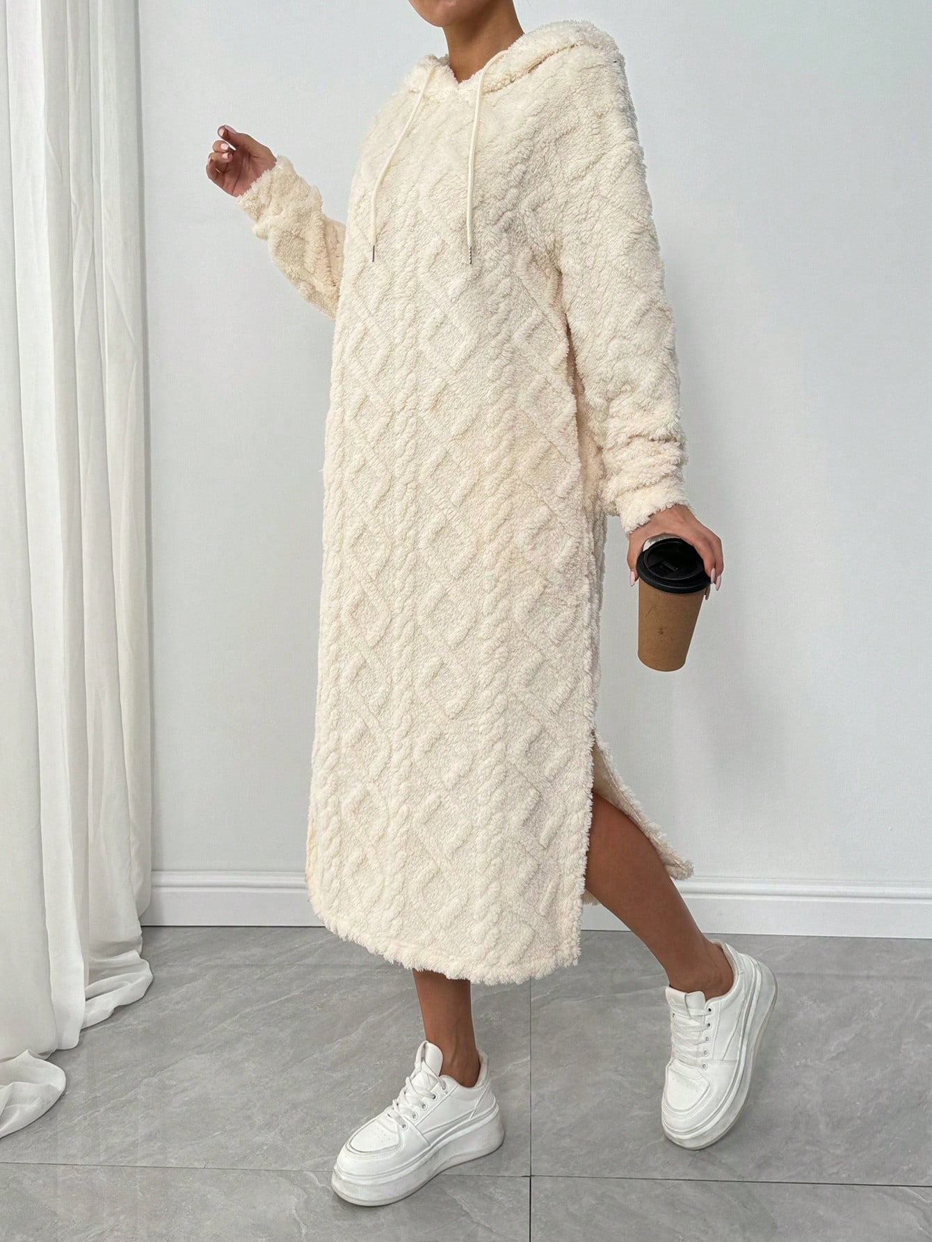 Lune vestido con capucha de manga larga, bolsillo y unicolor minimalista para mujer