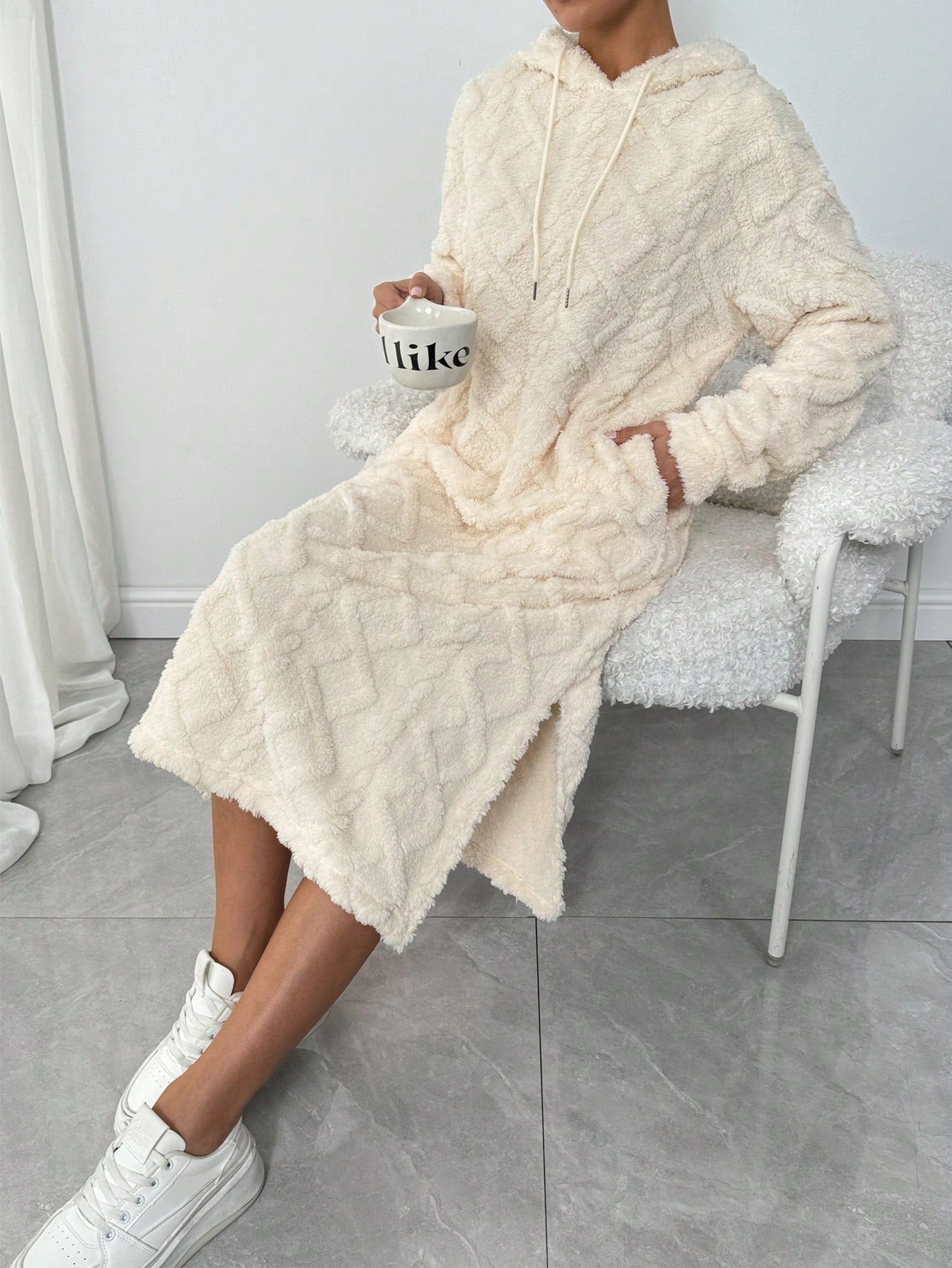 Lune vestido con capucha de manga larga, bolsillo y unicolor minimalista para mujer