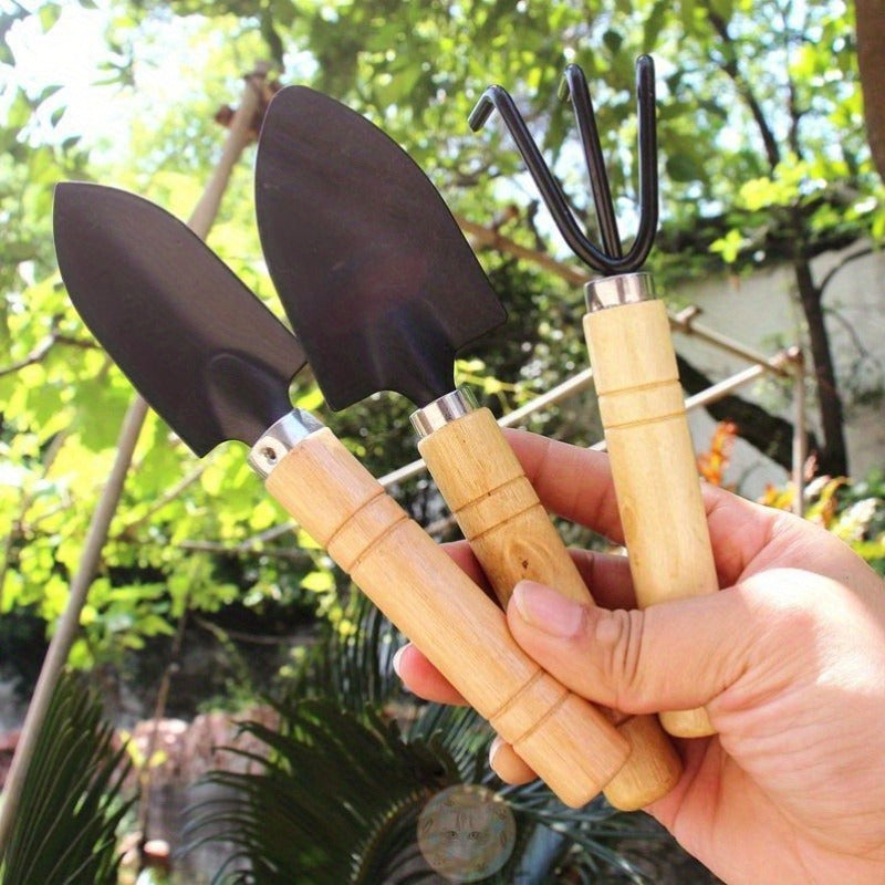 3 piezas de Juego de Herramientas de Jardinería de Suculentas - Herramientas de mano duraderas de metal y madera, pala y rastrillo en miniatura, ideales para plantar y cultivar sin electricidad