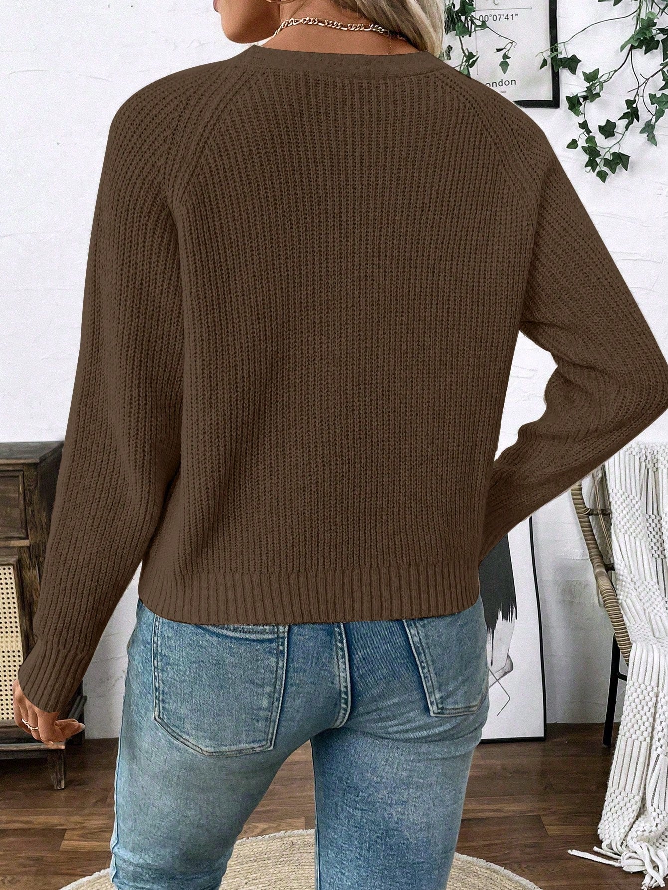 Lune chaqueta de punto de manga larga casual con cuello en v y manga raglan para mujer, con diseno minimalista y ajuste holgado para otono/invierno
