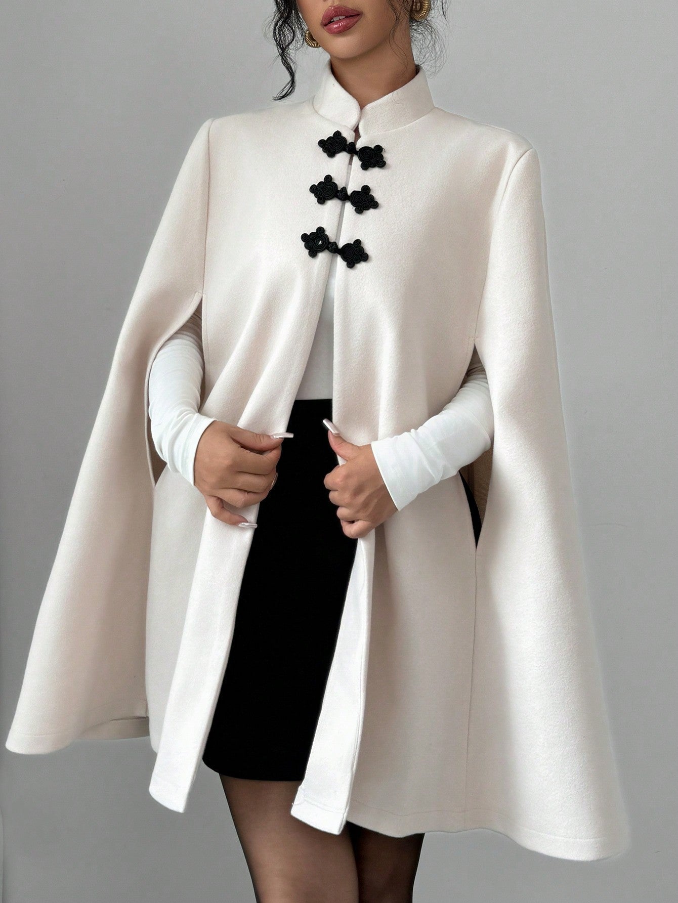 Elenzya capa, poncho y capa con cuello de pie, decoracion de botones con bloque de color en estilo chino, abrigo de lana grueso para mujer, otono/invierno