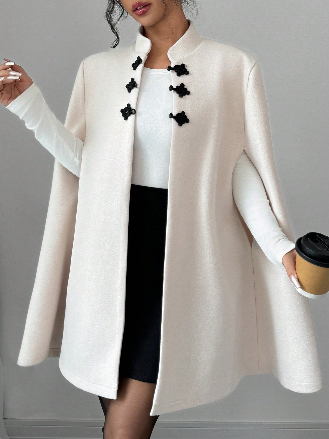 Elenzya capa, poncho y capa con cuello de pie, decoracion de botones con bloque de color en estilo chino, abrigo de lana grueso para mujer, otono/invierno