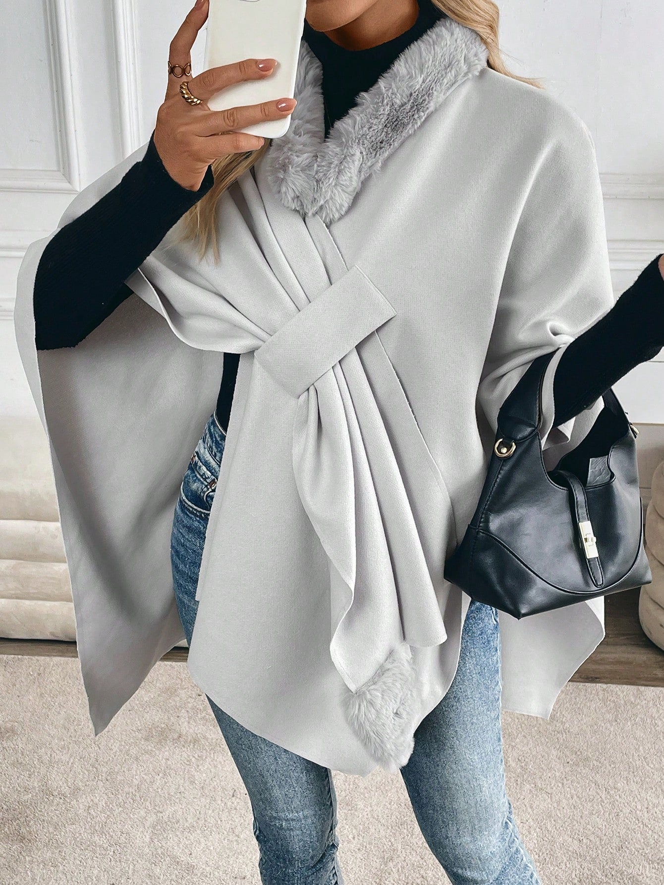 Prive abrigo tipo poncho suelto de mezcla de lana con cuello de piel