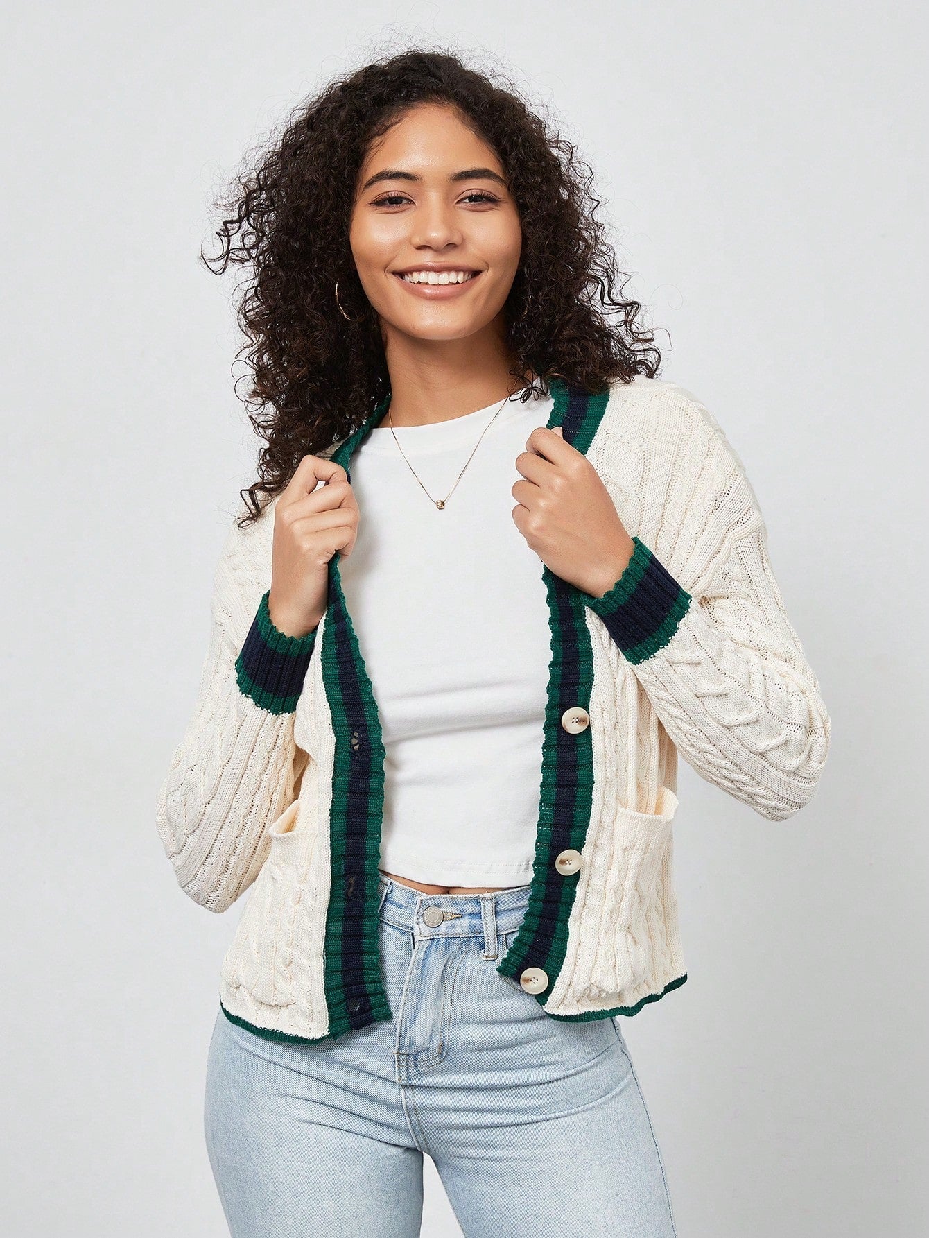 Chaqueta de mujer elegante casual y versatil con cuello en v de punto retorcido y manga larga