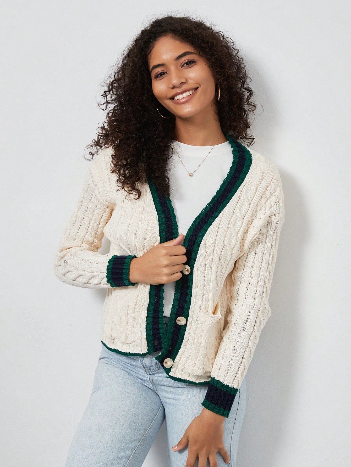Chaqueta de mujer elegante casual y versatil con cuello en v de punto retorcido y manga larga