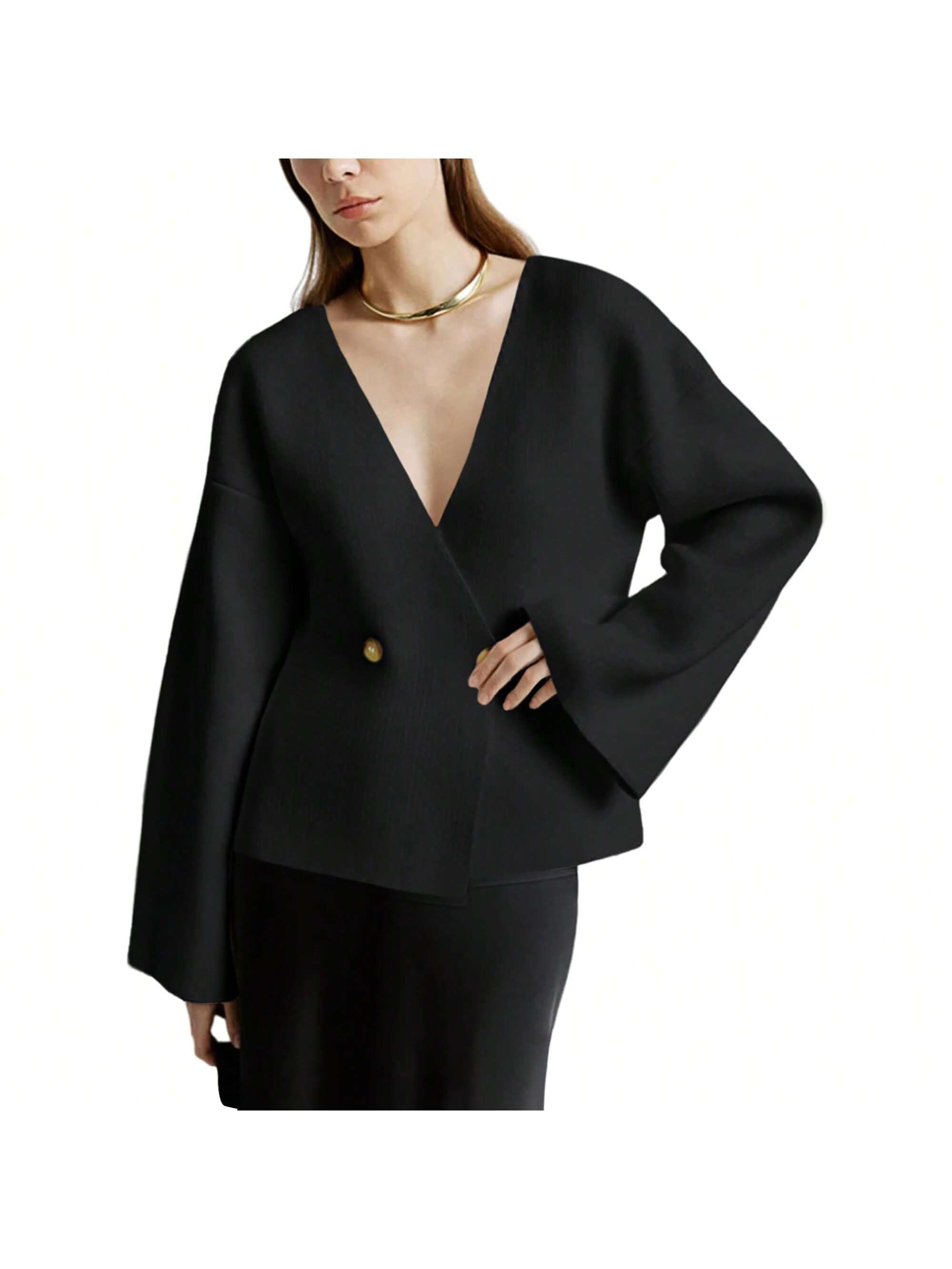 Sueter de punto holgado con cuello en v y mangas largas acampanadas para mujer de warmwaves