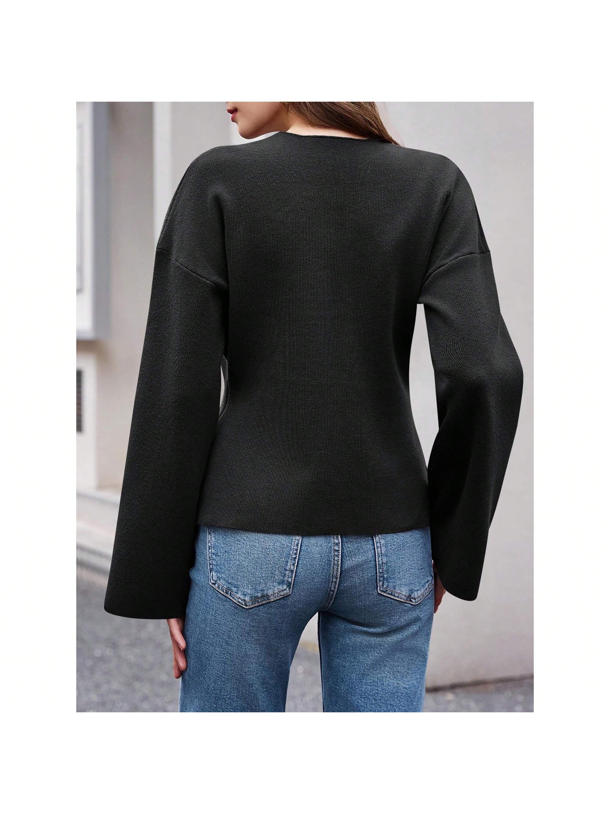 Sueter de punto holgado con cuello en v y mangas largas acampanadas para mujer de warmwaves