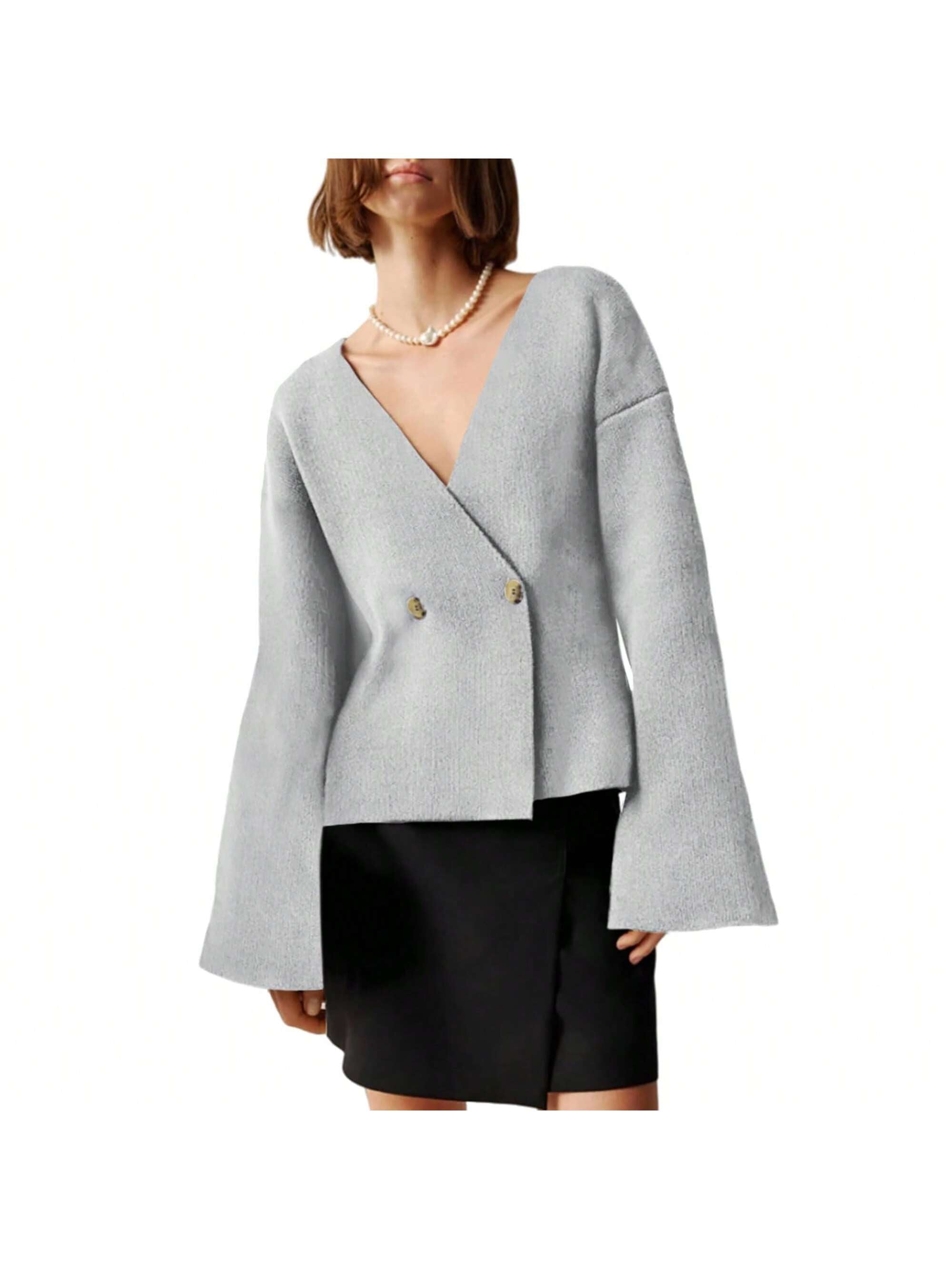 Sueter de punto holgado con cuello en v y mangas largas acampanadas para mujer de warmwaves