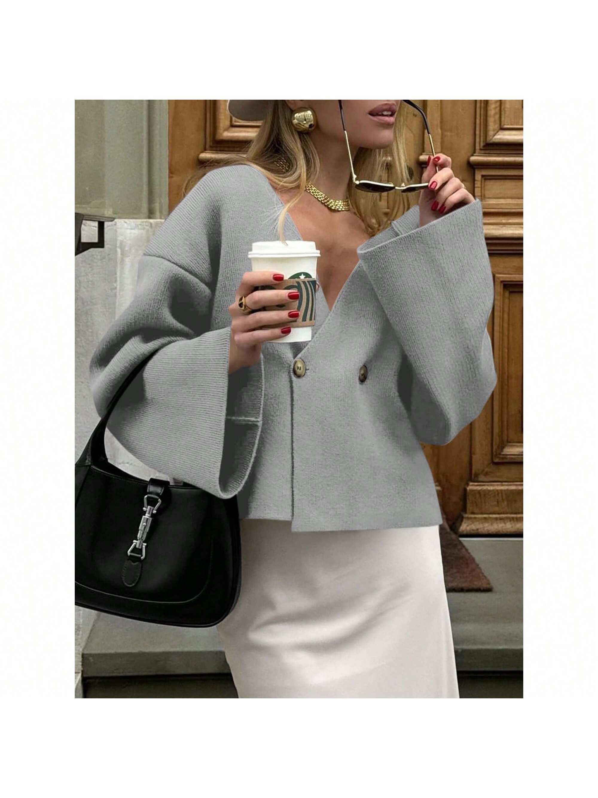 Sueter de punto holgado con cuello en v y mangas largas acampanadas para mujer de warmwaves