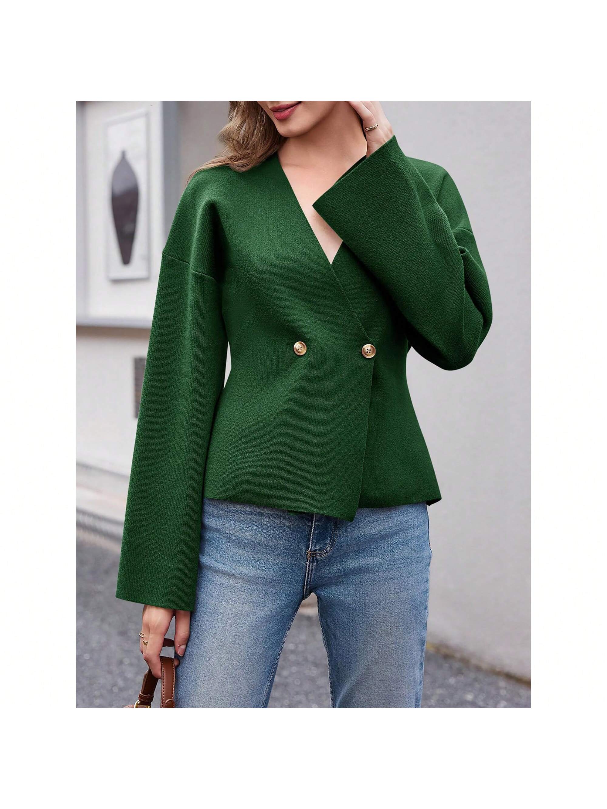 Sueter de punto holgado con cuello en v y mangas largas acampanadas para mujer de warmwaves