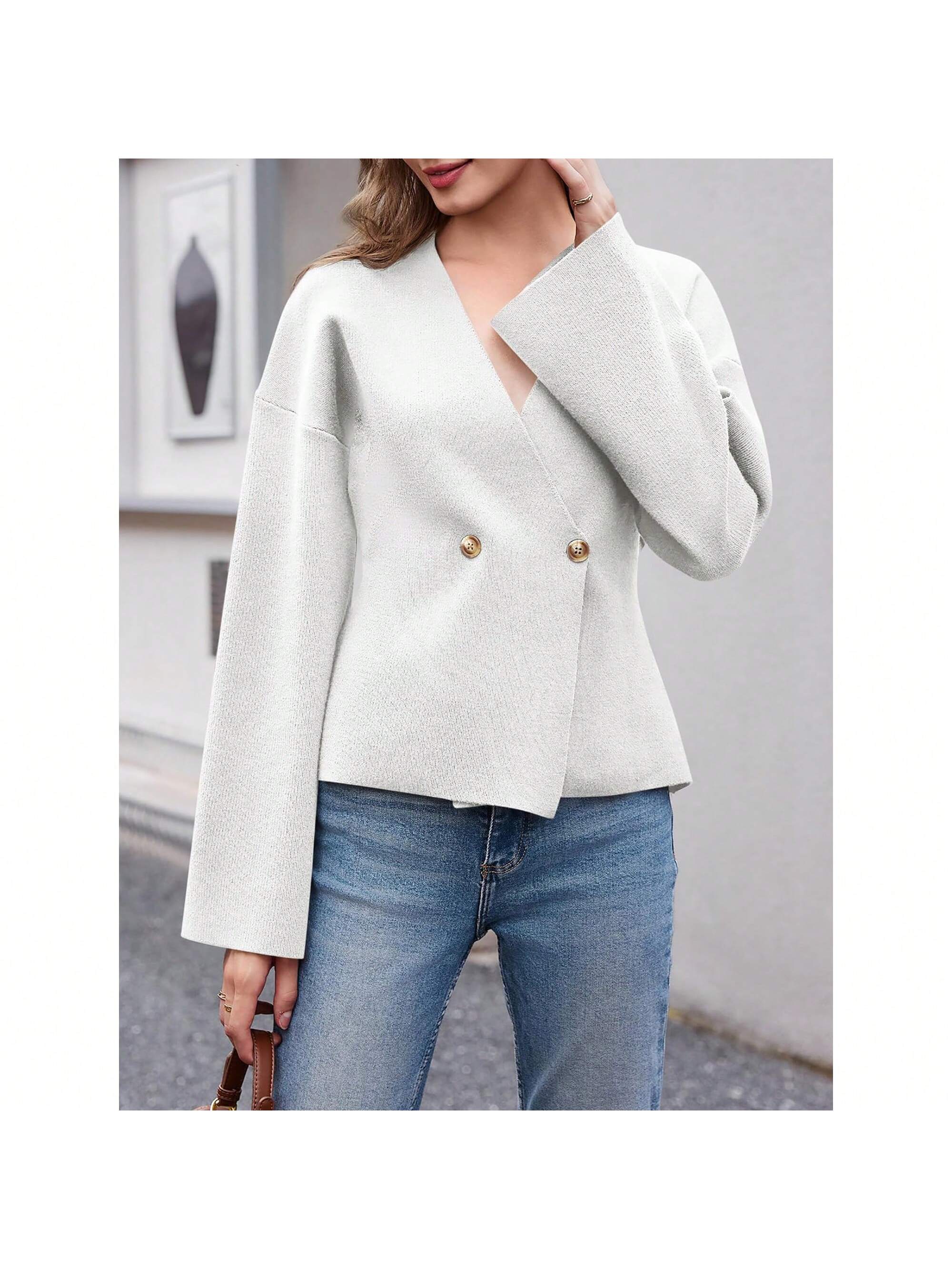 Sueter de punto holgado con cuello en v y mangas largas acampanadas para mujer de warmwaves
