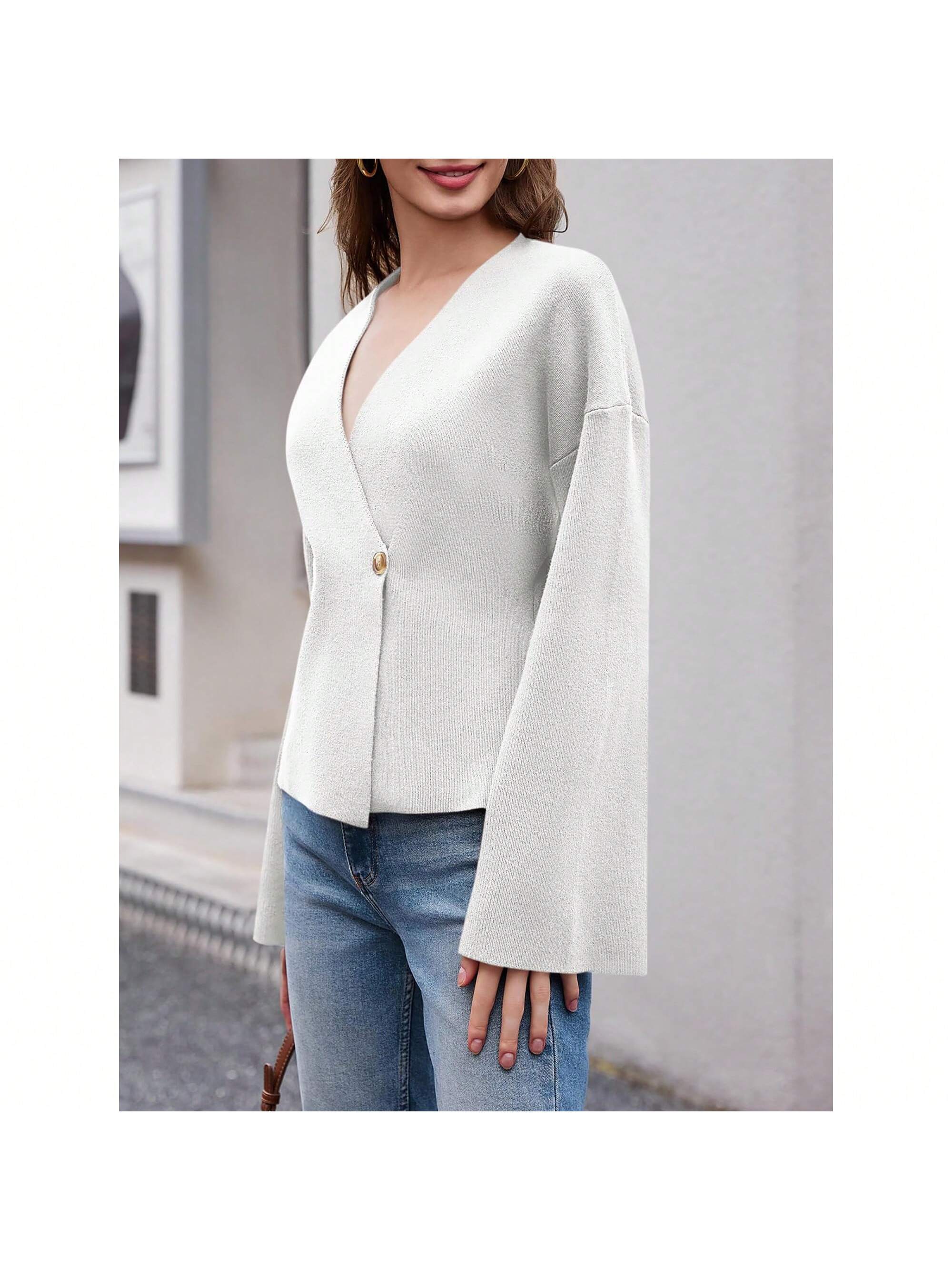 Sueter de punto holgado con cuello en v y mangas largas acampanadas para mujer de warmwaves