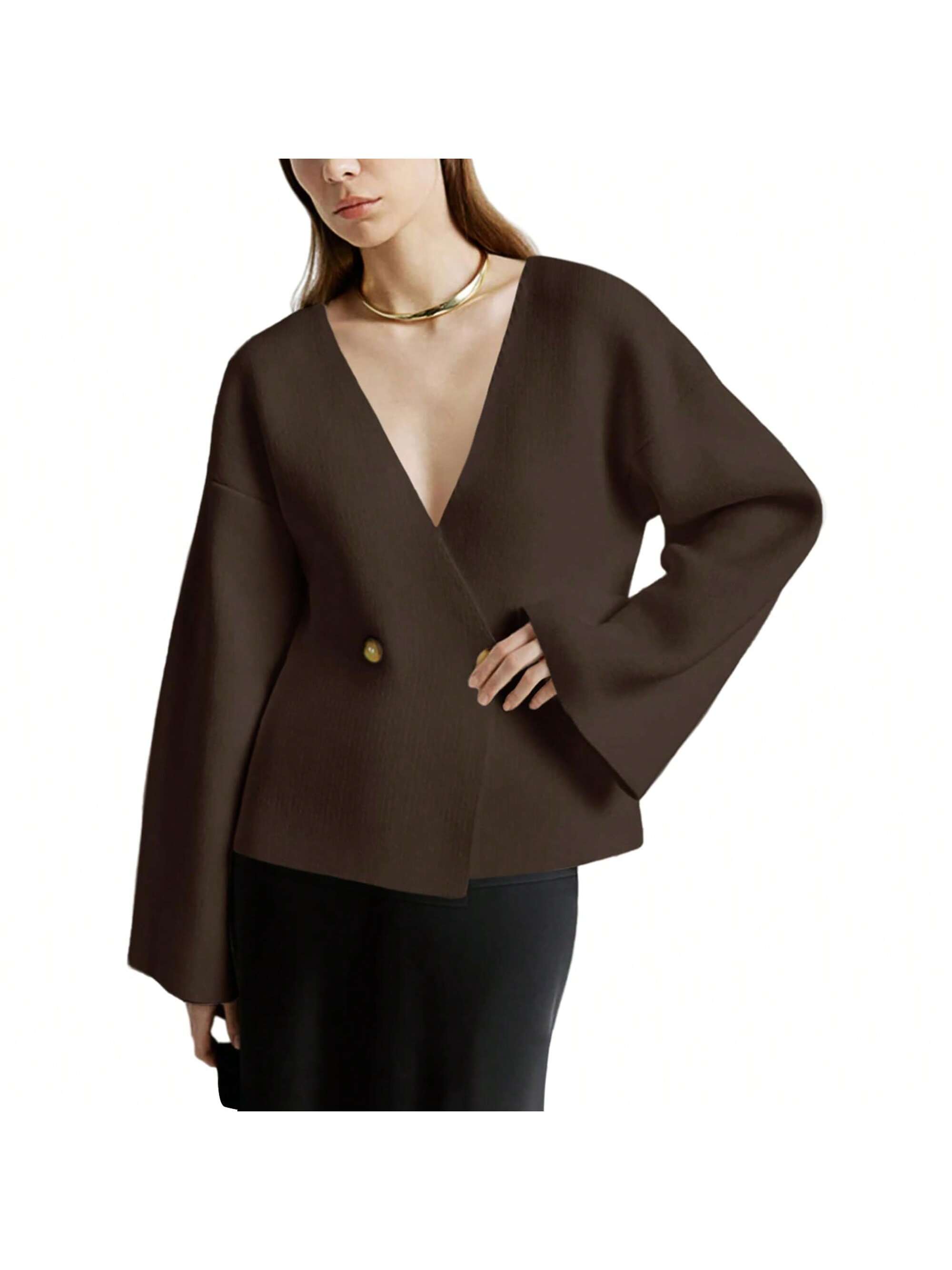 Sueter de punto holgado con cuello en v y mangas largas acampanadas para mujer de warmwaves