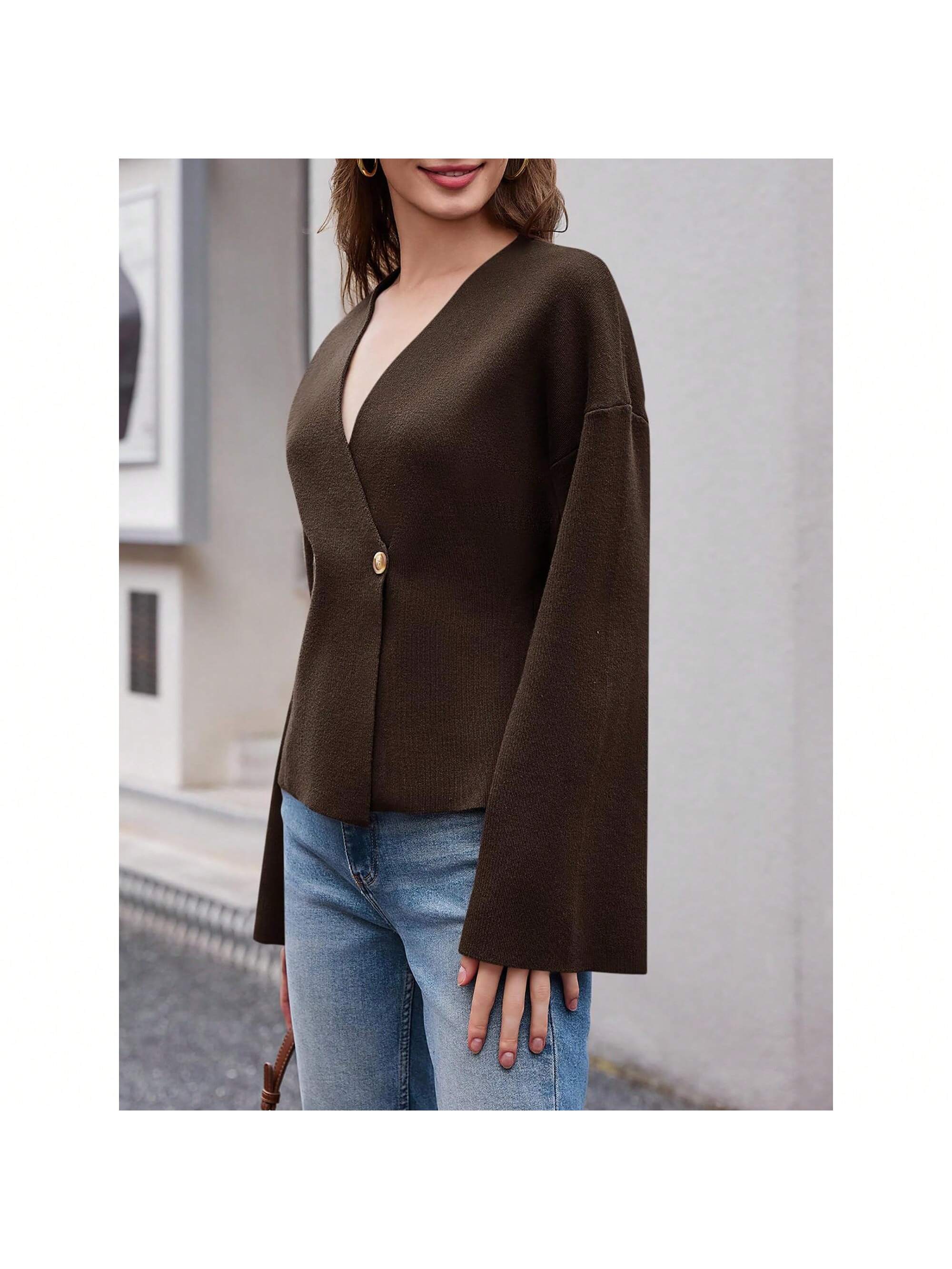 Sueter de punto holgado con cuello en v y mangas largas acampanadas para mujer de warmwaves