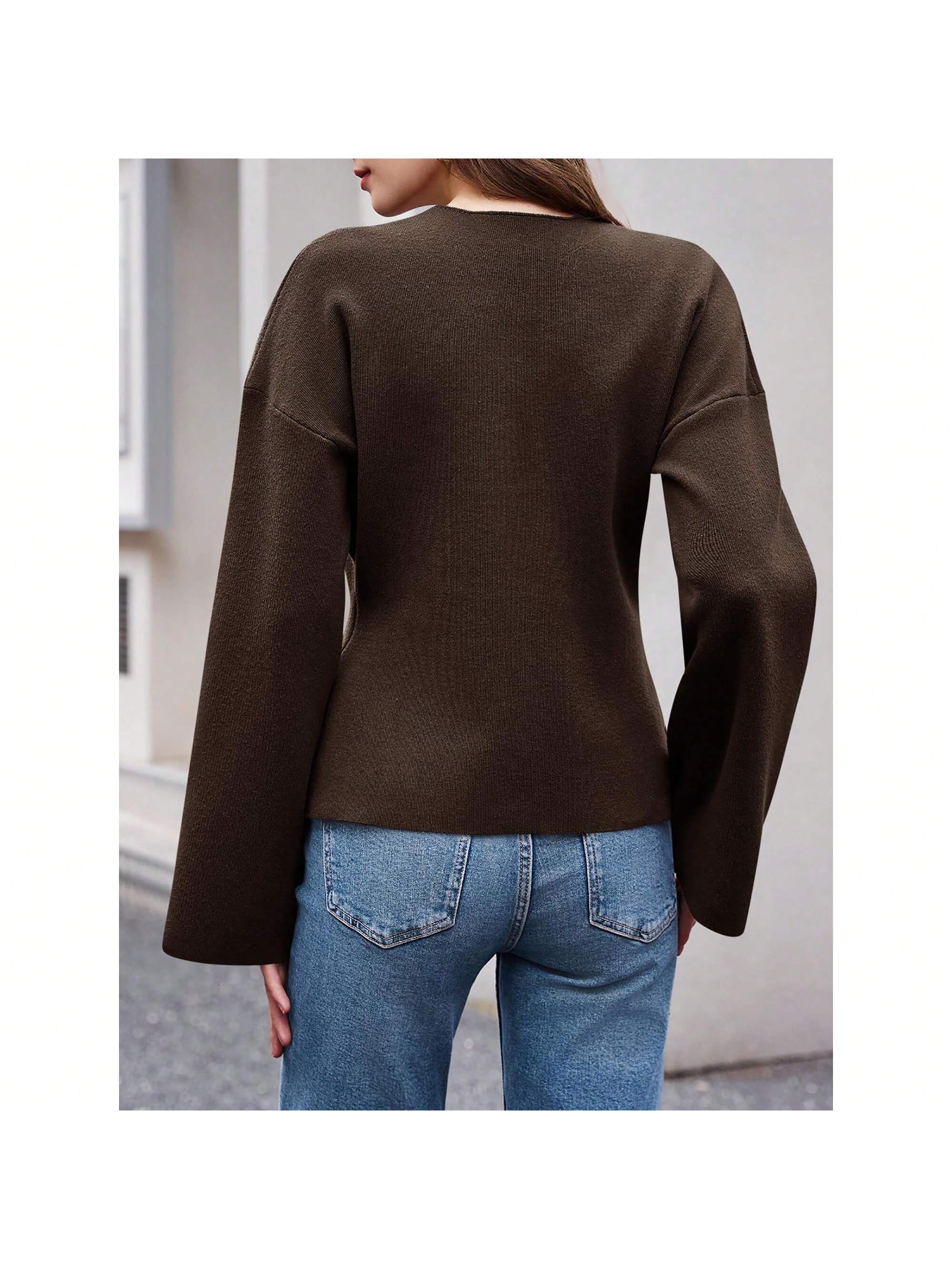 Sueter de punto holgado con cuello en v y mangas largas acampanadas para mujer de warmwaves