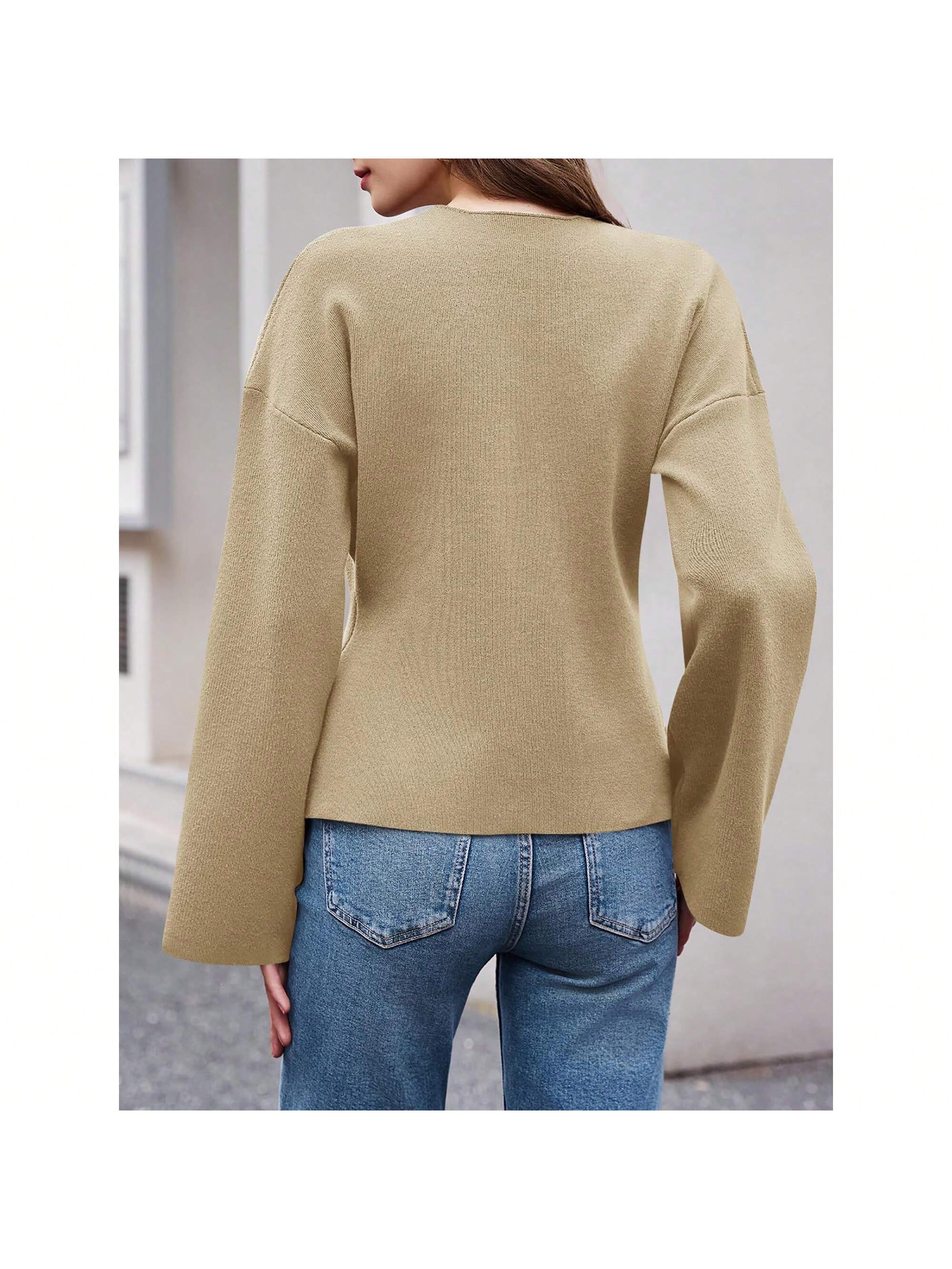 Sueter de punto holgado con cuello en v y mangas largas acampanadas para mujer de warmwaves