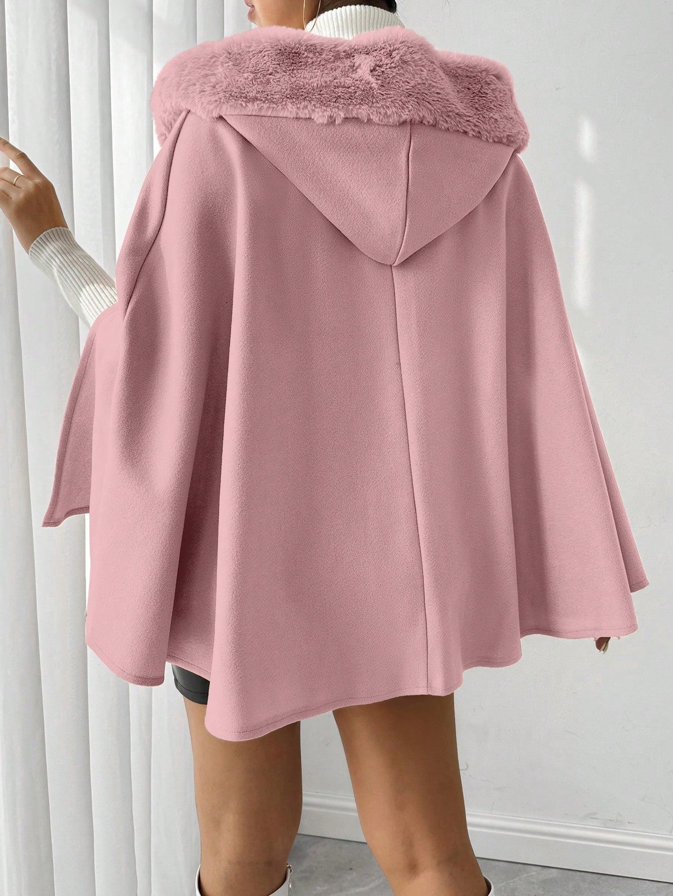 Prive poncho de abrigo con capucha y cuello de piel, de unicolor, de uso casual diario, para otono/invierno