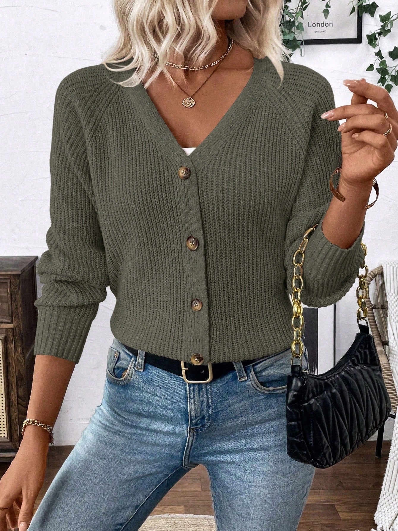 Lune chaqueta de punto de manga larga casual con cuello en v y manga raglan para mujer, con diseno minimalista y ajuste holgado para otono/invierno