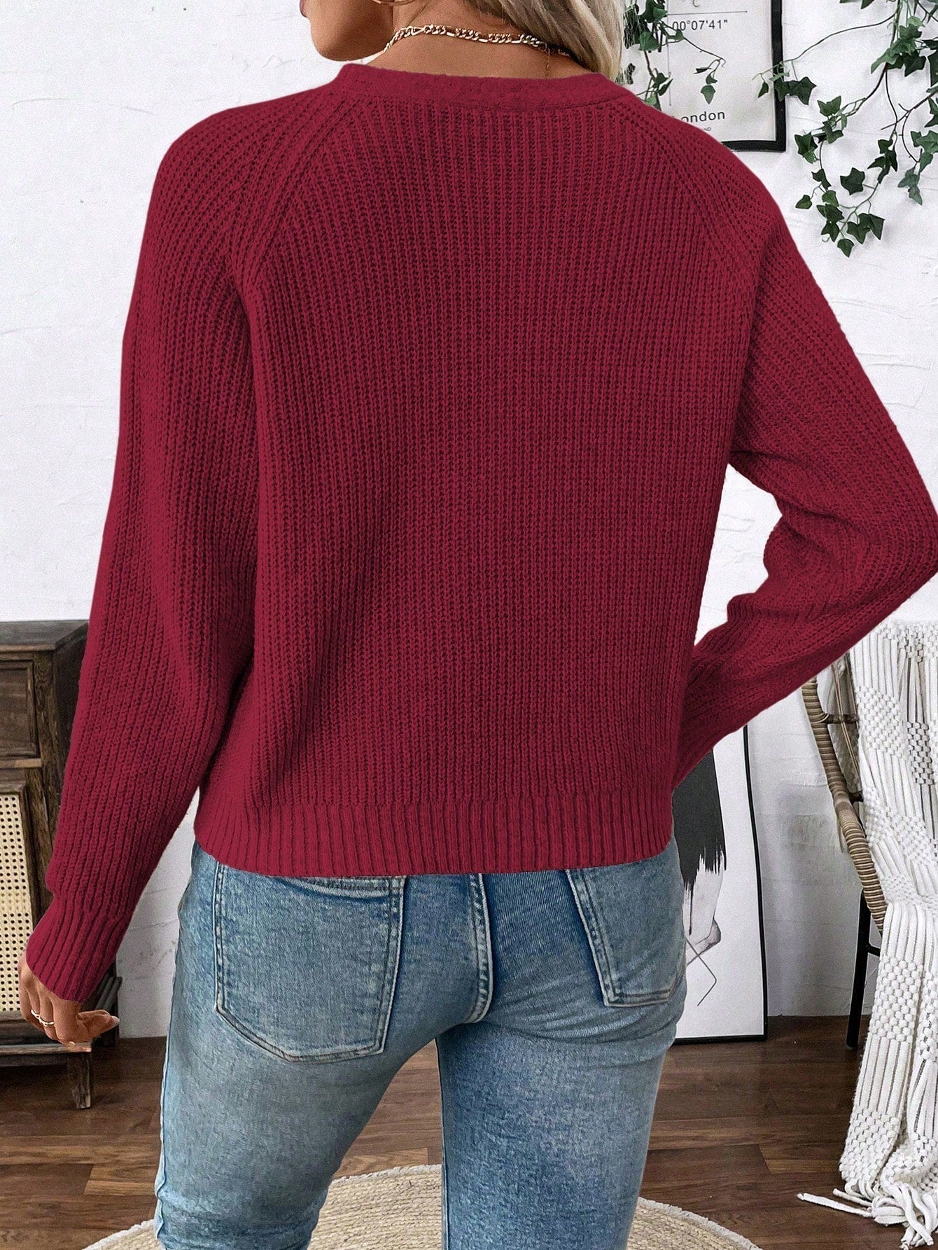 Lune chaqueta de punto de manga larga casual con cuello en v y manga raglan para mujer, con diseno minimalista y ajuste holgado para otono/invierno