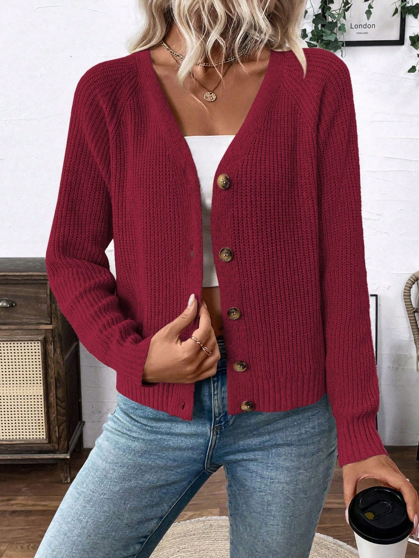 Lune chaqueta de punto de manga larga casual con cuello en v y manga raglan para mujer, con diseno minimalista y ajuste holgado para otono/invierno