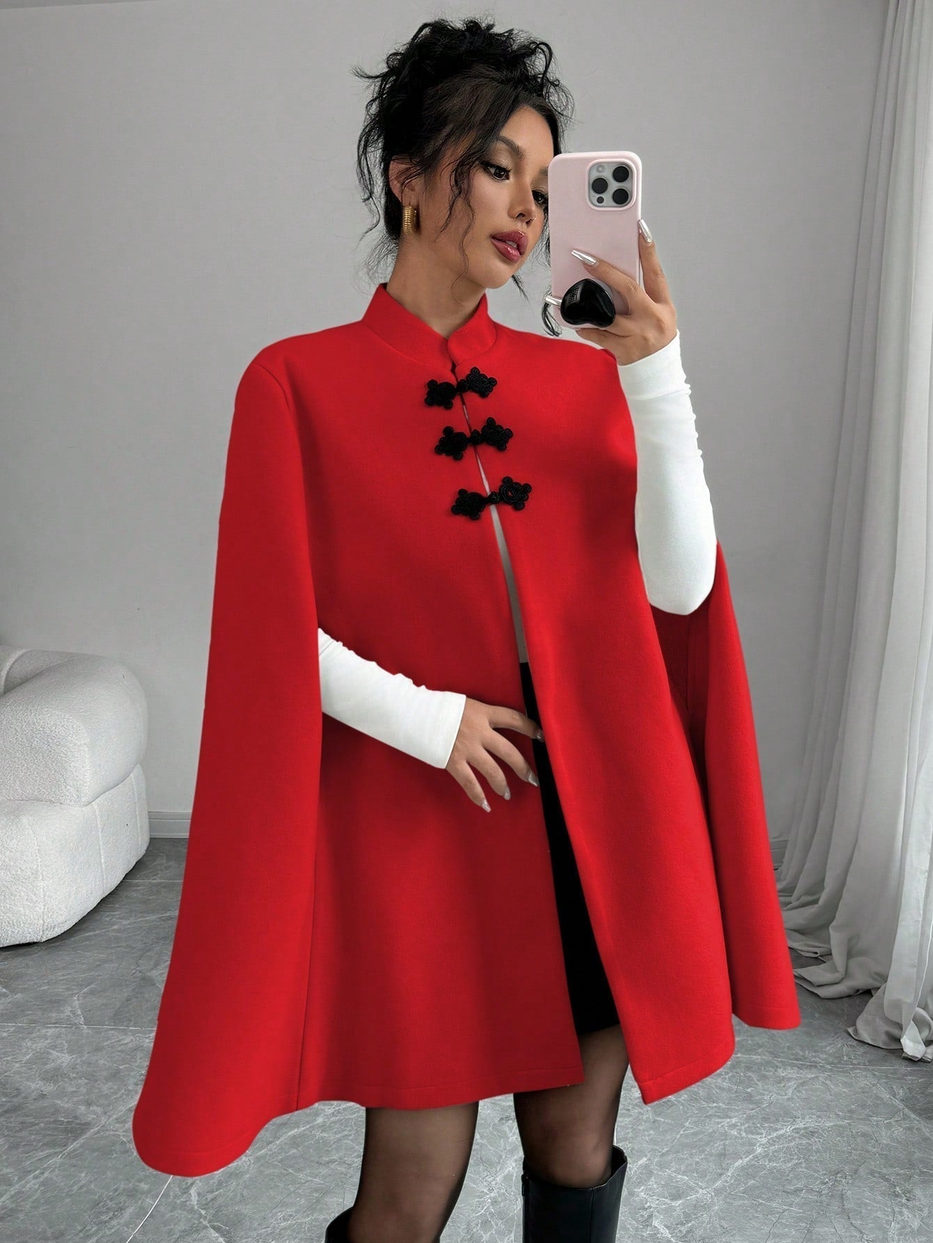 Elenzya capa, poncho y capa con cuello de pie, decoracion de botones con bloque de color en estilo chino, abrigo de lana grueso para mujer, otono/invierno