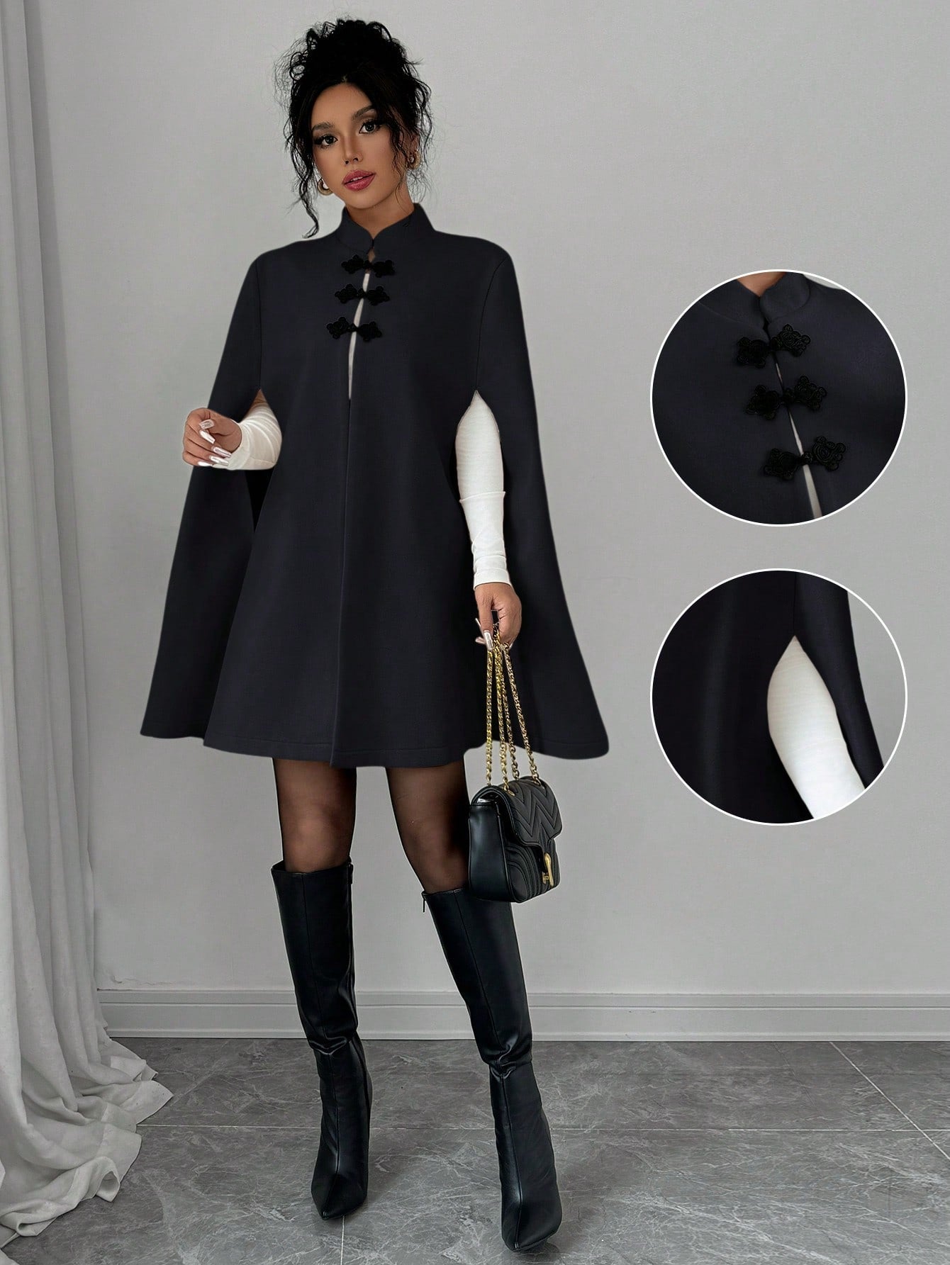 Elenzya capa, poncho y capa con cuello de pie, decoracion de botones con bloque de color en estilo chino, abrigo de lana grueso para mujer, otono/invierno