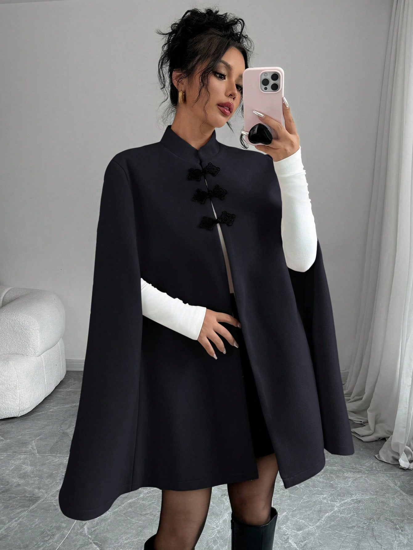 Elenzya capa, poncho y capa con cuello de pie, decoracion de botones con bloque de color en estilo chino, abrigo de lana grueso para mujer, otono/invierno