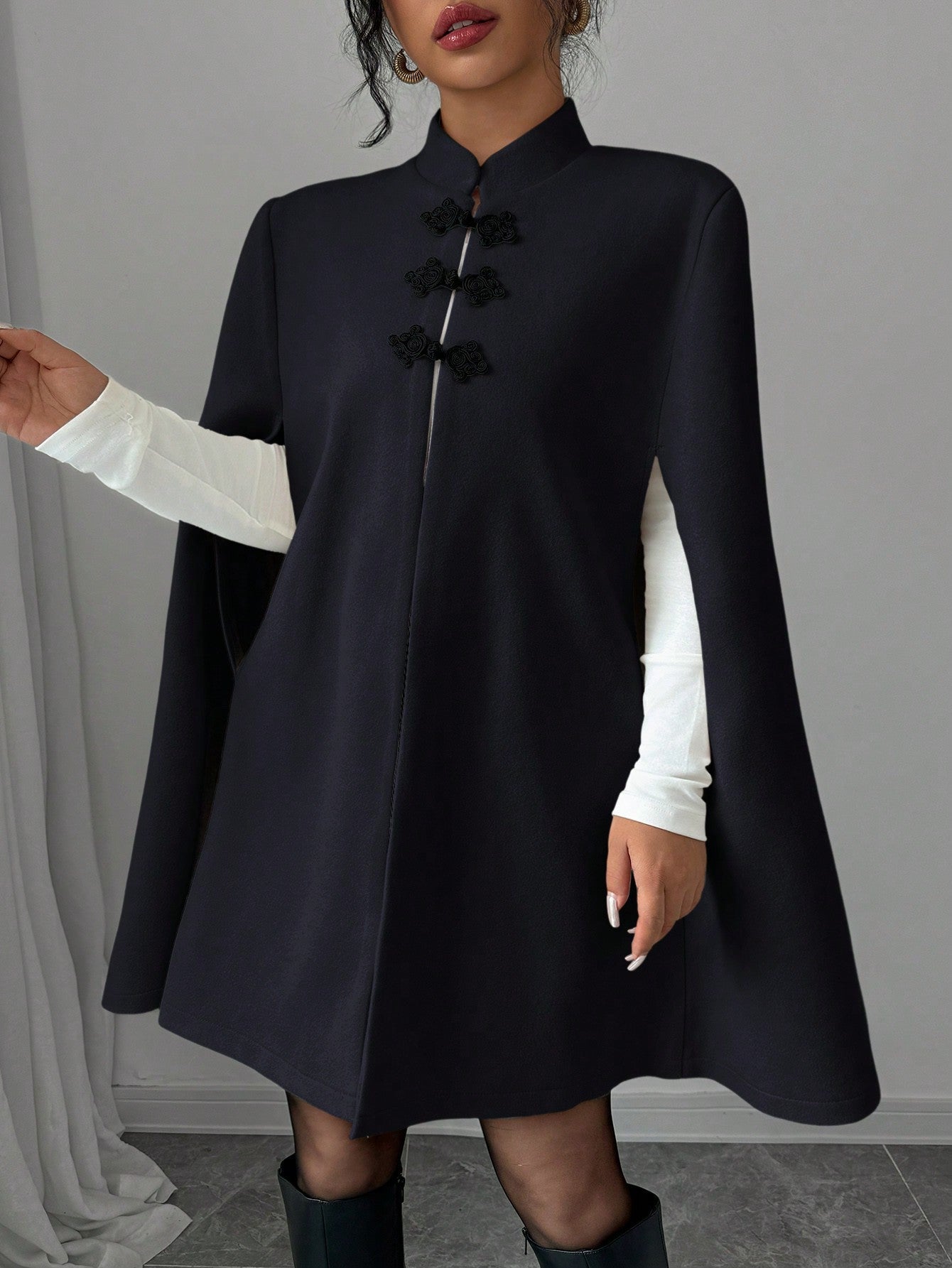 Elenzya capa, poncho y capa con cuello de pie, decoracion de botones con bloque de color en estilo chino, abrigo de lana grueso para mujer, otono/invierno