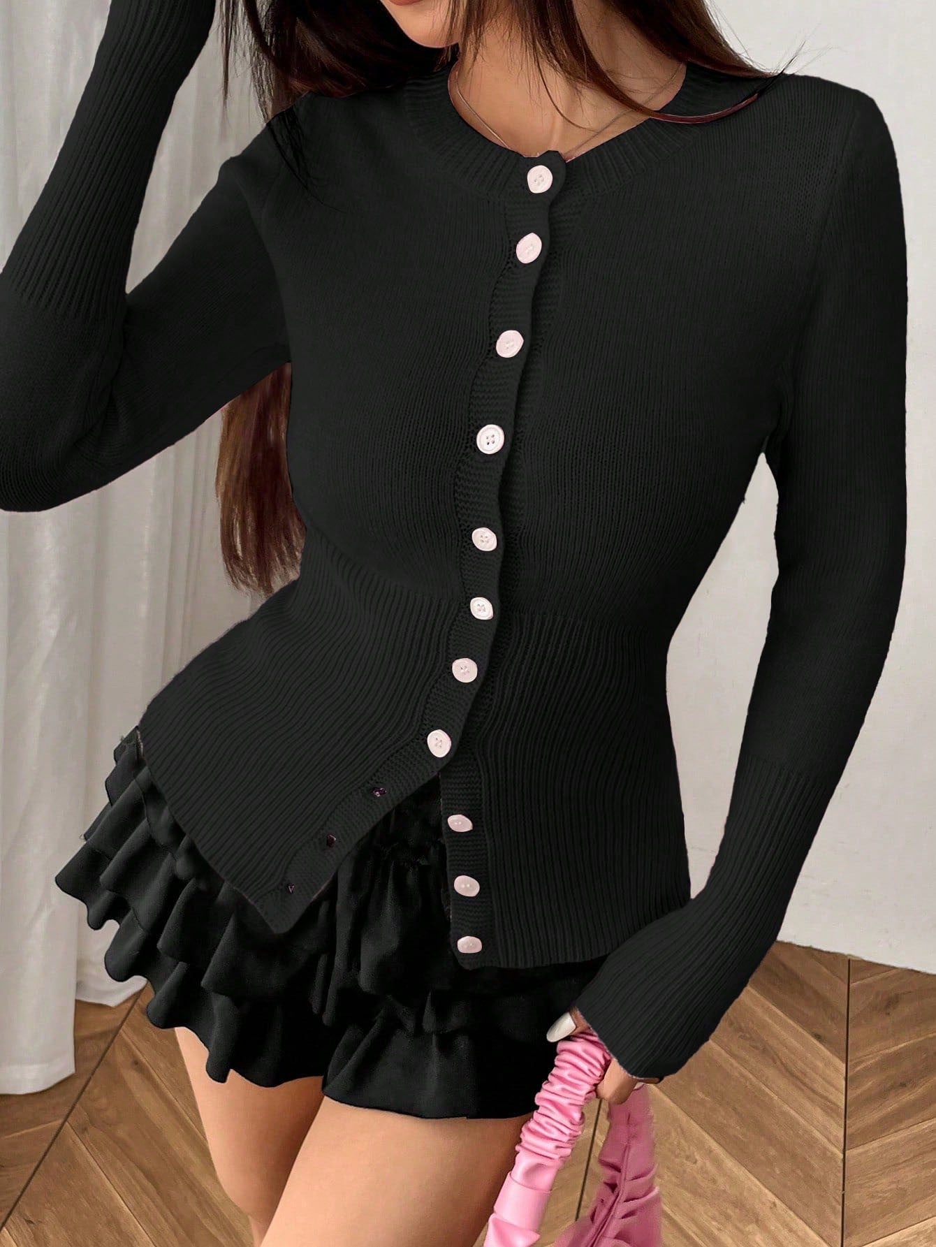 Moosta mujer chaqueta de punto de unicolor con cuello redondo, manga larga, de abotonadura sencilla, versatil y de moda, para otono/invierno