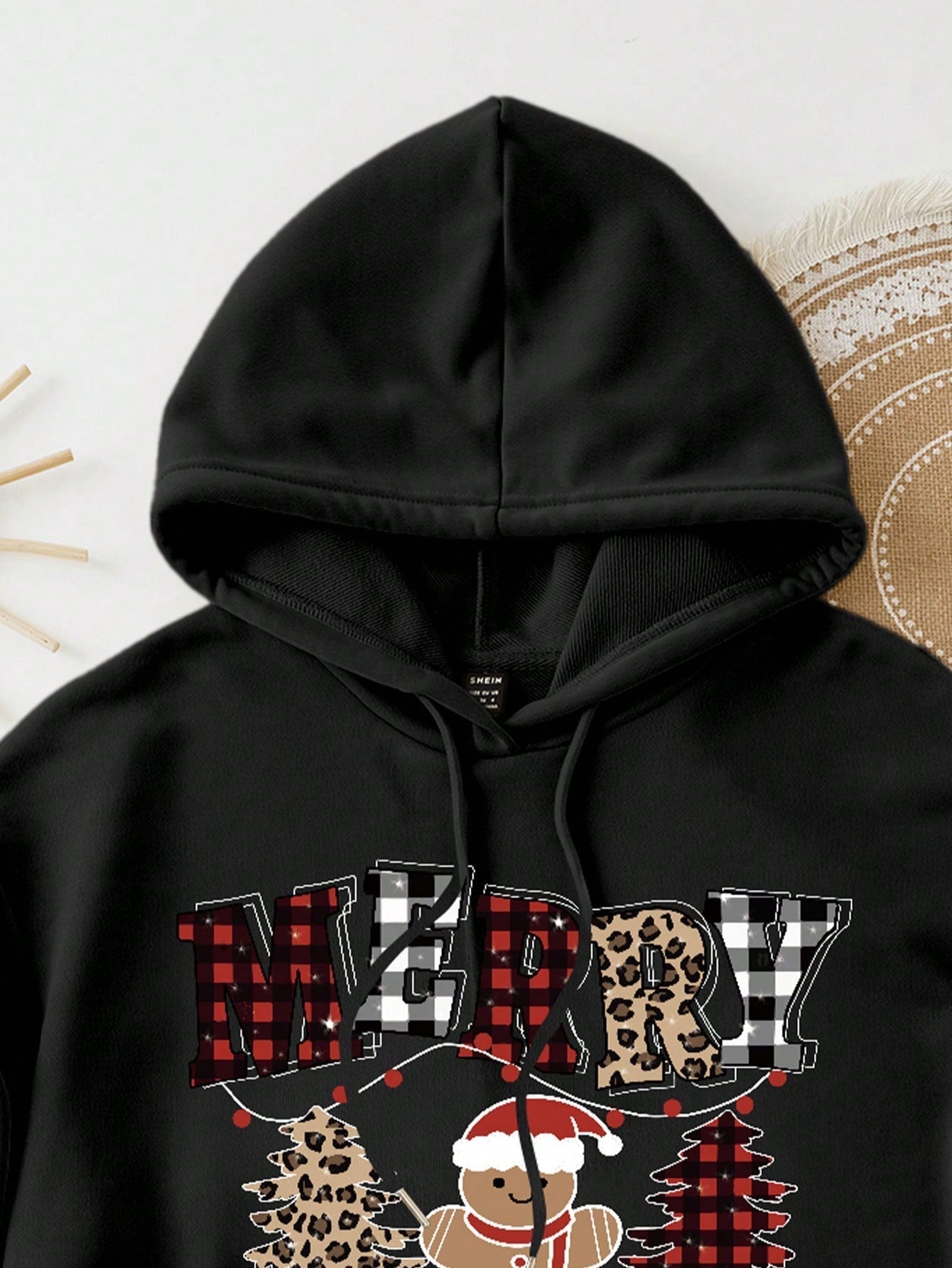 Ezwear jersey holgado de manga larga con estampado de arbol de navidad y texto "feliz navidad" en estilo minimalista y vintage con estampado de leopardo, para mujer