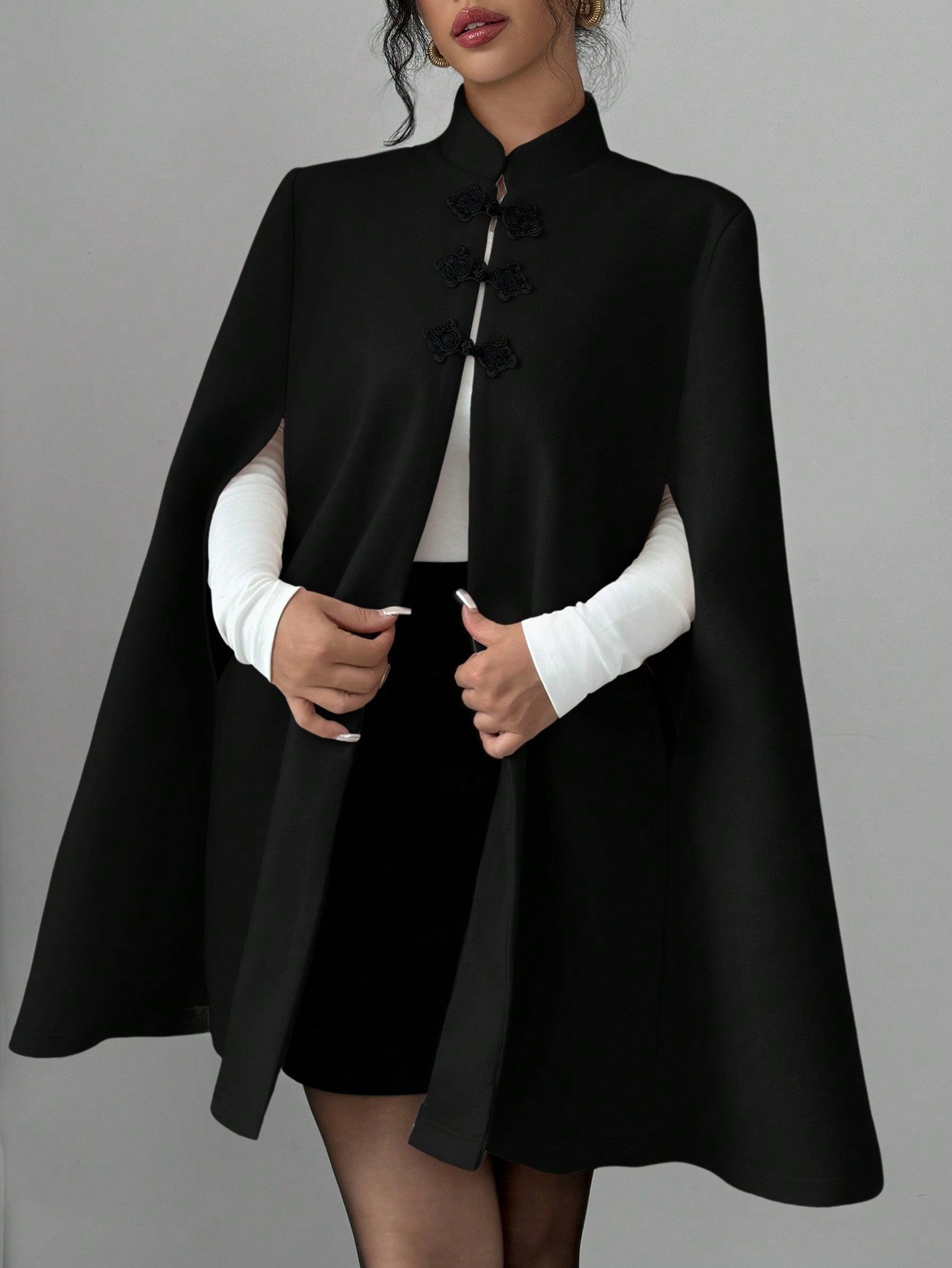 Elenzya capa, poncho y capa con cuello de pie, decoracion de botones con bloque de color en estilo chino, abrigo de lana grueso para mujer, otono/invierno