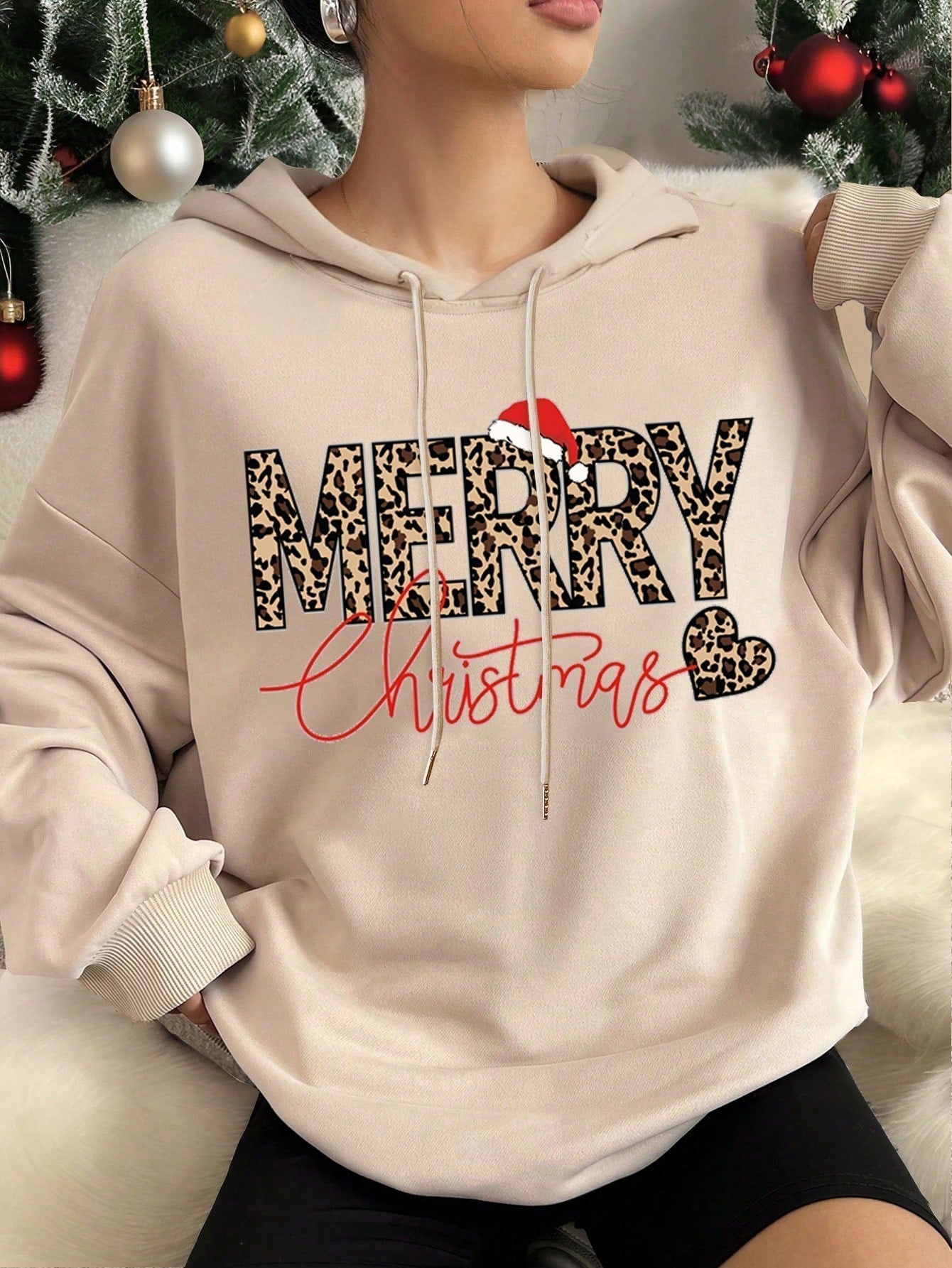 Ezwear jersey holgado de manga larga con estampado de arbol de navidad y texto "feliz navidad" en estilo minimalista y vintage con estampado de leopardo, para mujer