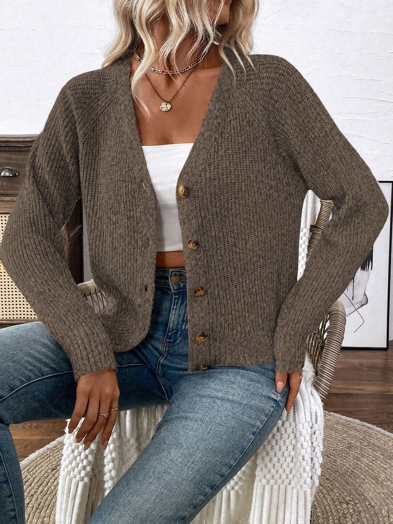 Lune chaqueta de punto de manga larga casual con cuello en v y manga raglan para mujer, con diseno minimalista y ajuste holgado para otono/invierno