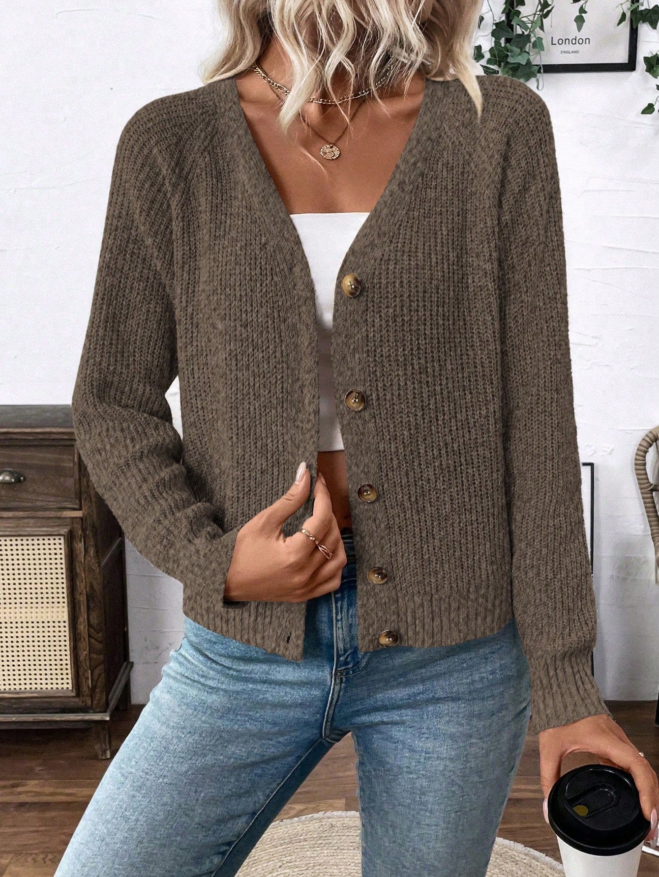 Lune chaqueta de punto de manga larga casual con cuello en v y manga raglan para mujer, con diseno minimalista y ajuste holgado para otono/invierno