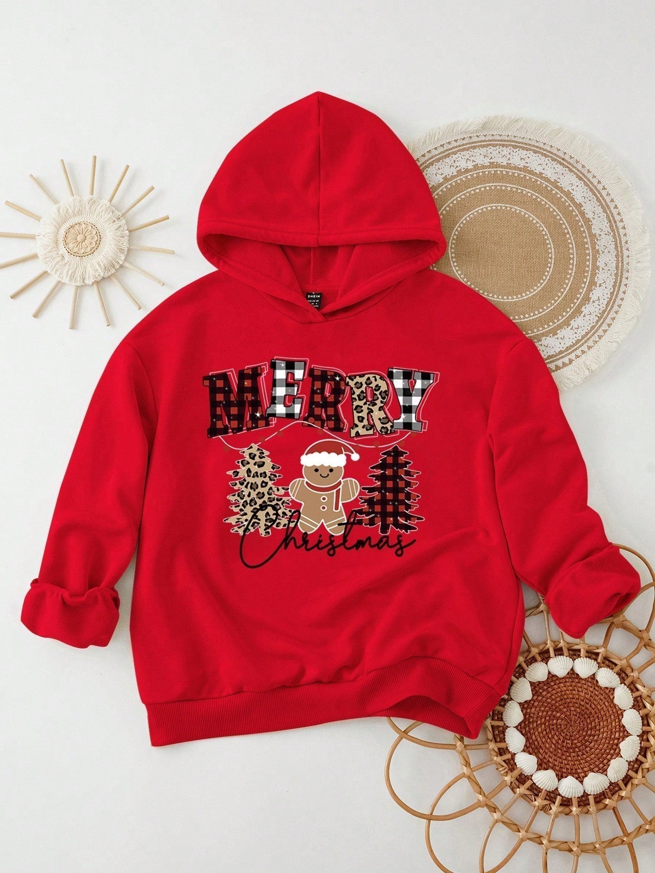 Ezwear jersey holgado de manga larga con estampado de arbol de navidad y texto "feliz navidad" en estilo minimalista y vintage con estampado de leopardo, para mujer