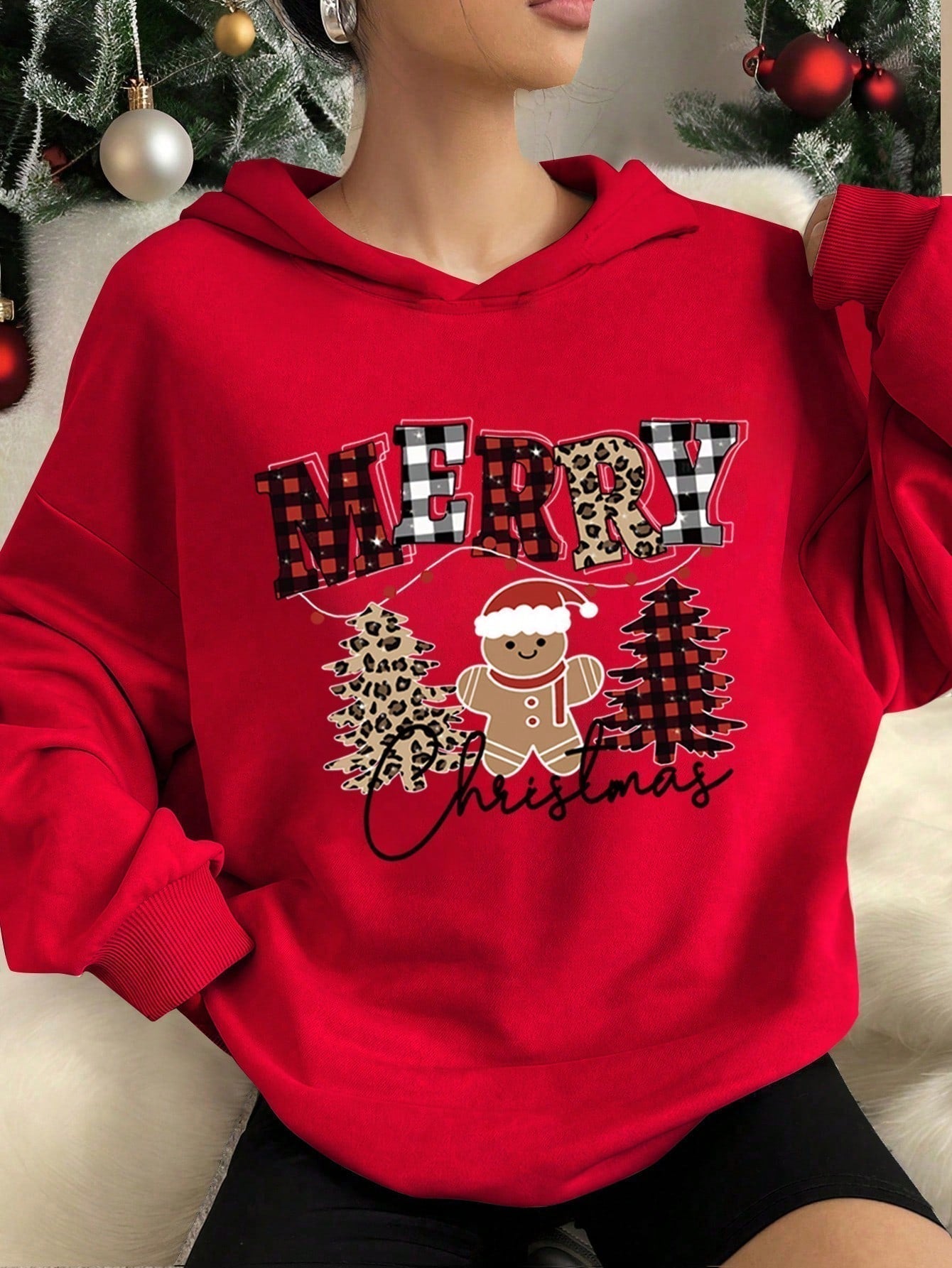 Ezwear jersey holgado de manga larga con estampado de arbol de navidad y texto "feliz navidad" en estilo minimalista y vintage con estampado de leopardo, para mujer