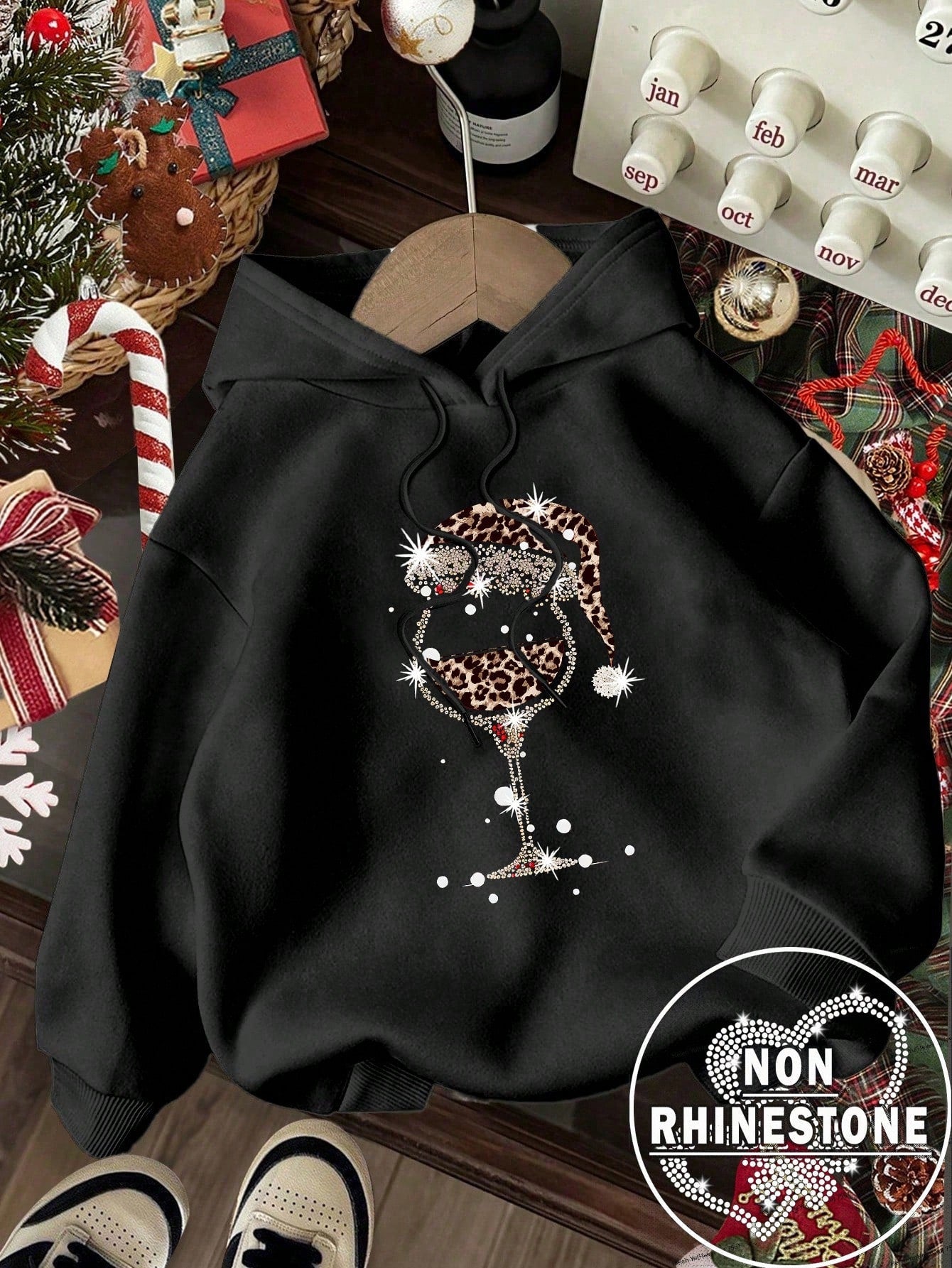 Ezwear jersey holgado de manga larga con estampado de arbol de navidad y texto "feliz navidad" en estilo minimalista y vintage con estampado de leopardo, para mujer