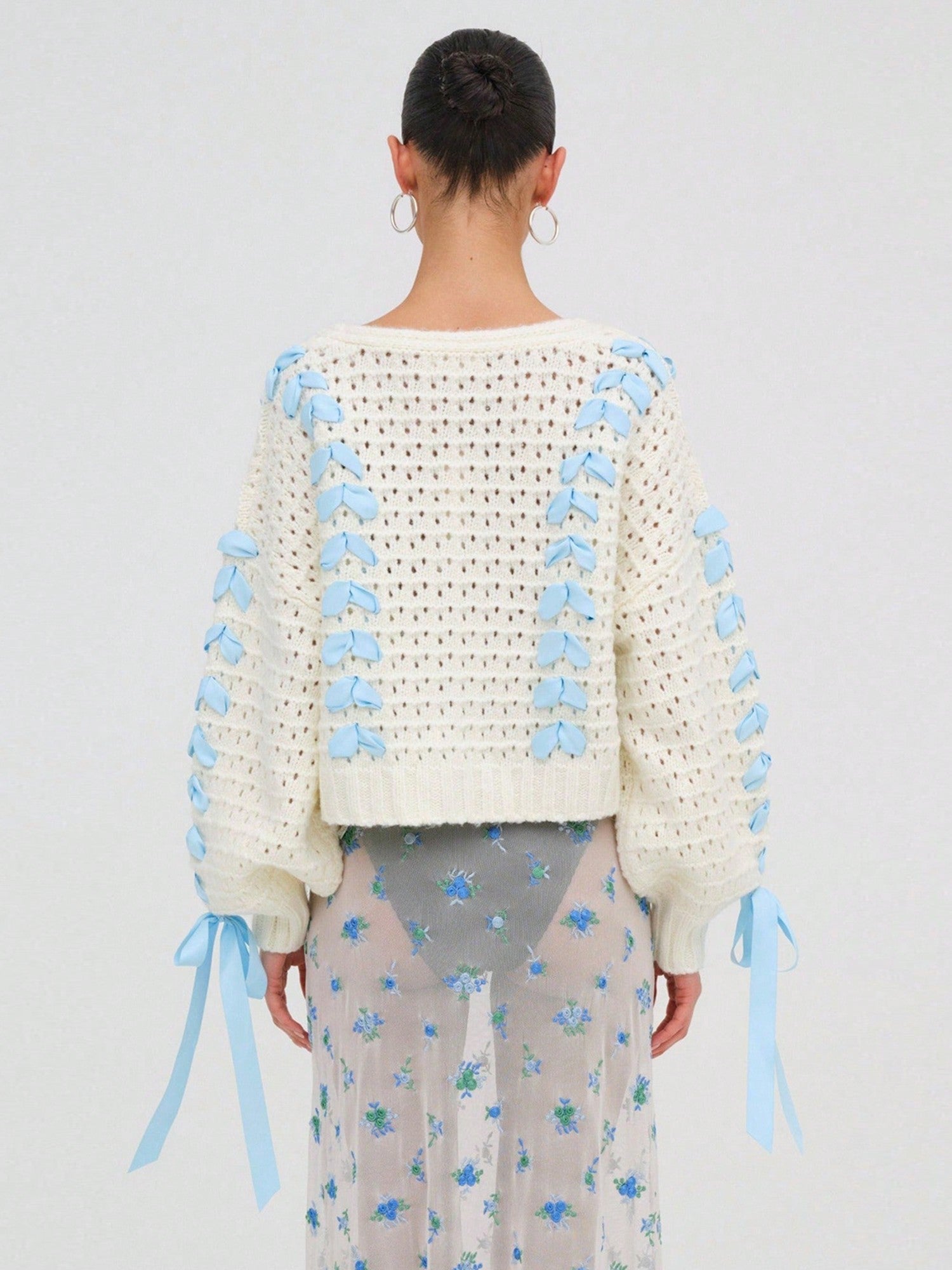 Chaqueta de punto con botones de manga larga y cuello en v a contraste con decoracion de lazo, sueter de mujer