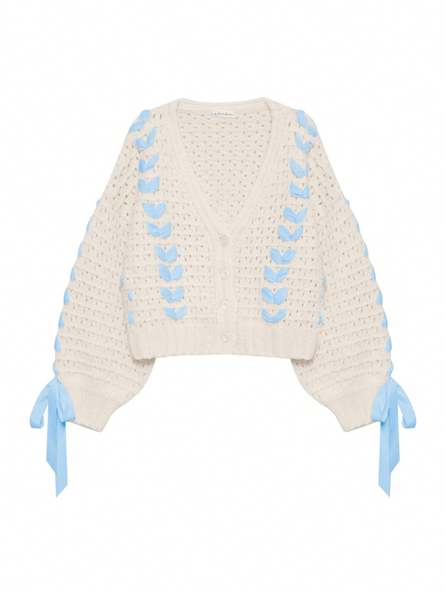 Chaqueta de punto con botones de manga larga y cuello en v a contraste con decoracion de lazo, sueter de mujer