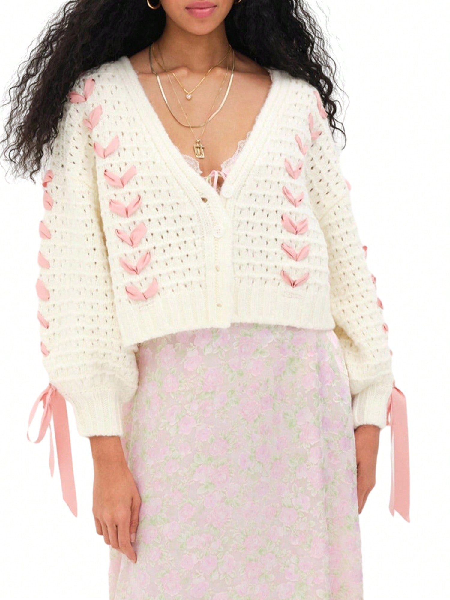 Chaqueta de punto con botones de manga larga y cuello en v a contraste con decoracion de lazo, sueter de mujer