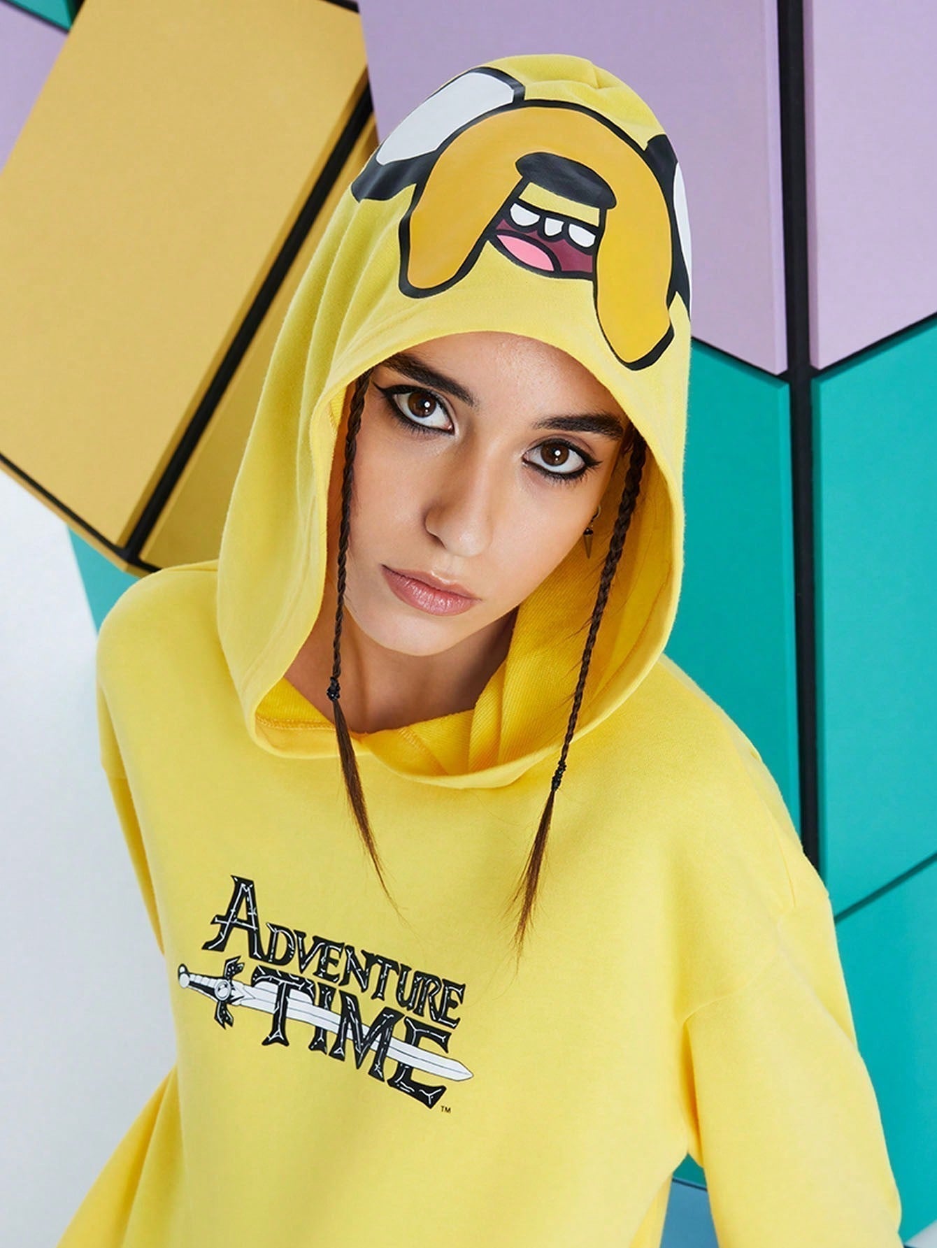 Adventure time x sudadera casual de mujer con capucha, de hombros caidos y estampado de dibujos animados y letras, ideal para primavera y otono