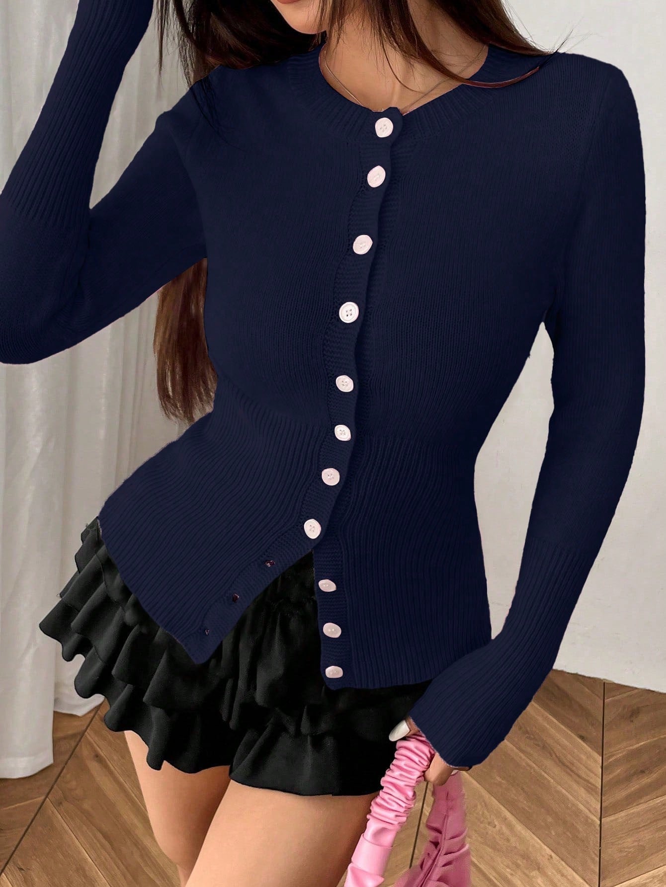 Moosta mujer chaqueta de punto de unicolor con cuello redondo, manga larga, de abotonadura sencilla, versatil y de moda, para otono/invierno