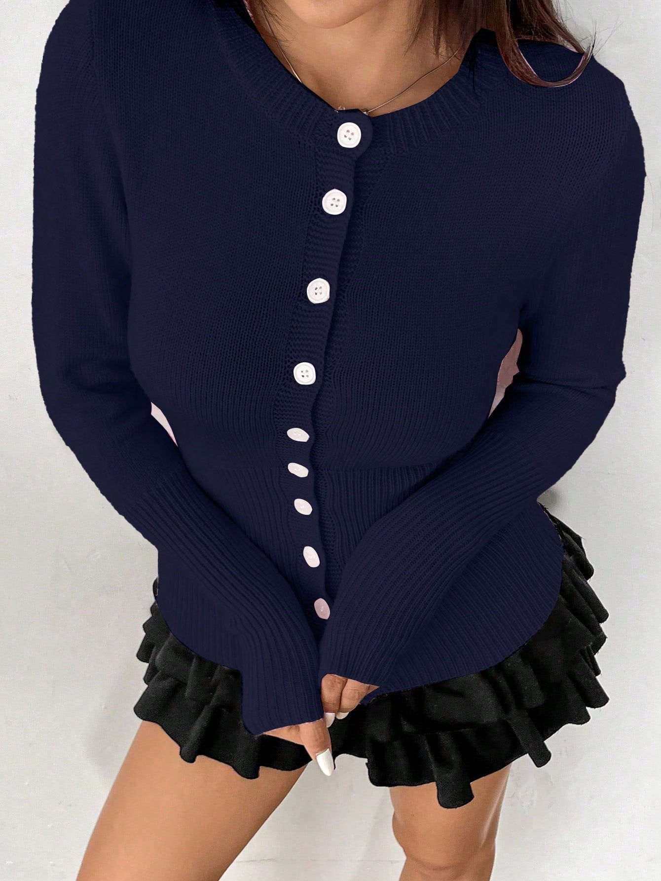 Moosta mujer chaqueta de punto de unicolor con cuello redondo, manga larga, de abotonadura sencilla, versatil y de moda, para otono/invierno