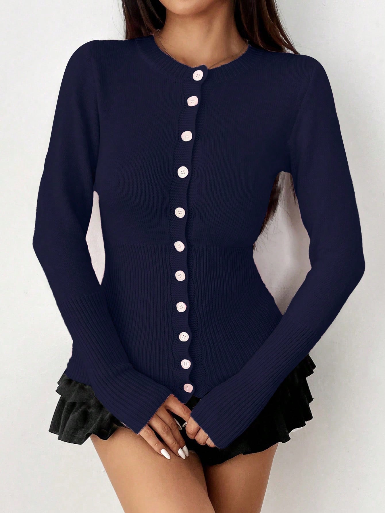 Moosta mujer chaqueta de punto de unicolor con cuello redondo, manga larga, de abotonadura sencilla, versatil y de moda, para otono/invierno