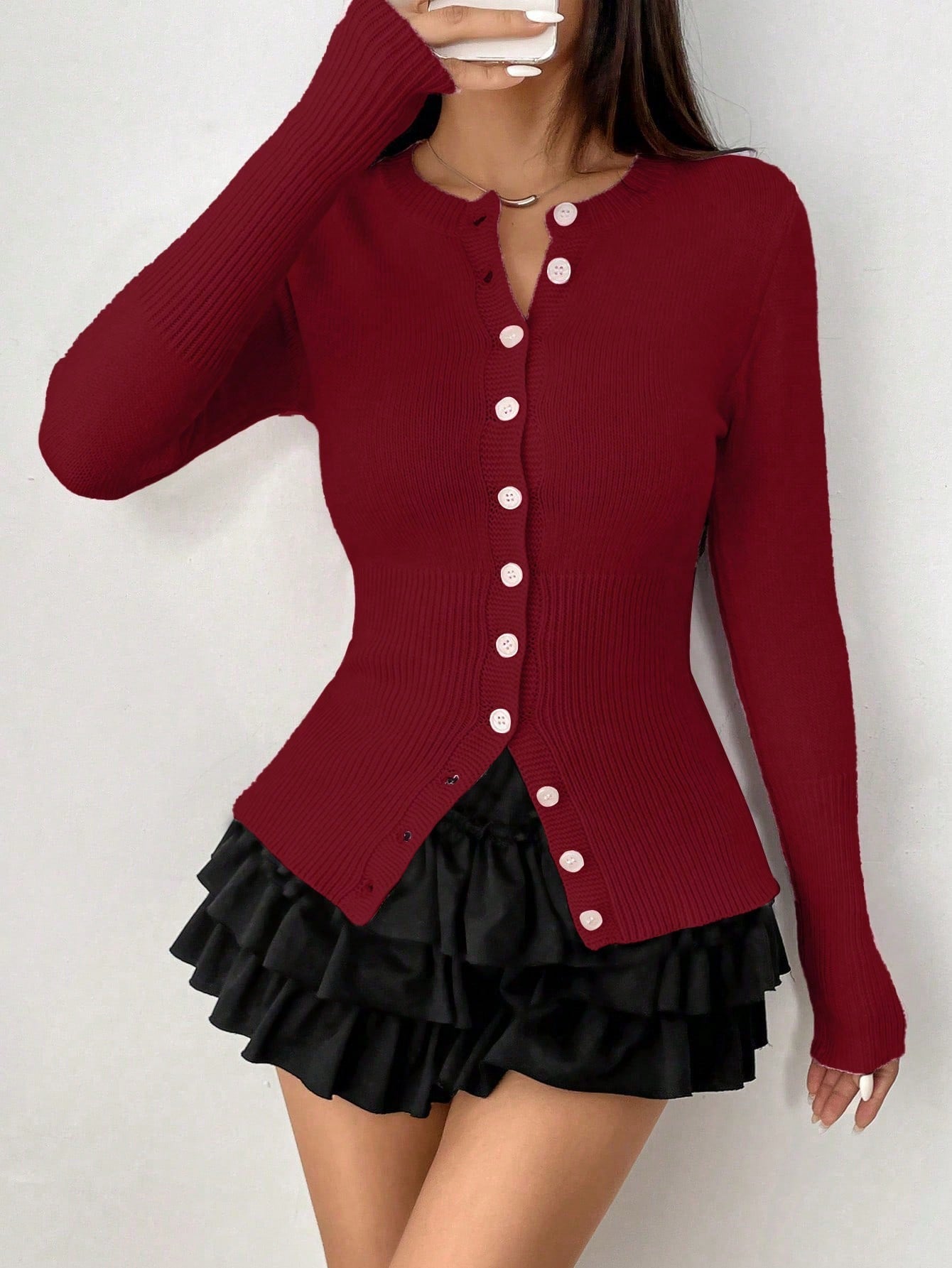 Moosta mujer chaqueta de punto de unicolor con cuello redondo, manga larga, de abotonadura sencilla, versatil y de moda, para otono/invierno
